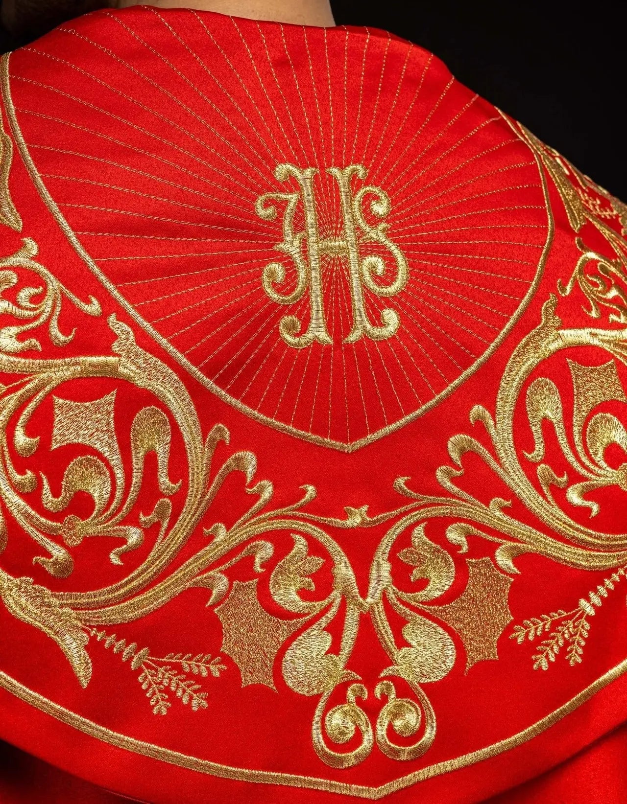 Liturgical cape richly embroidered IHS in red