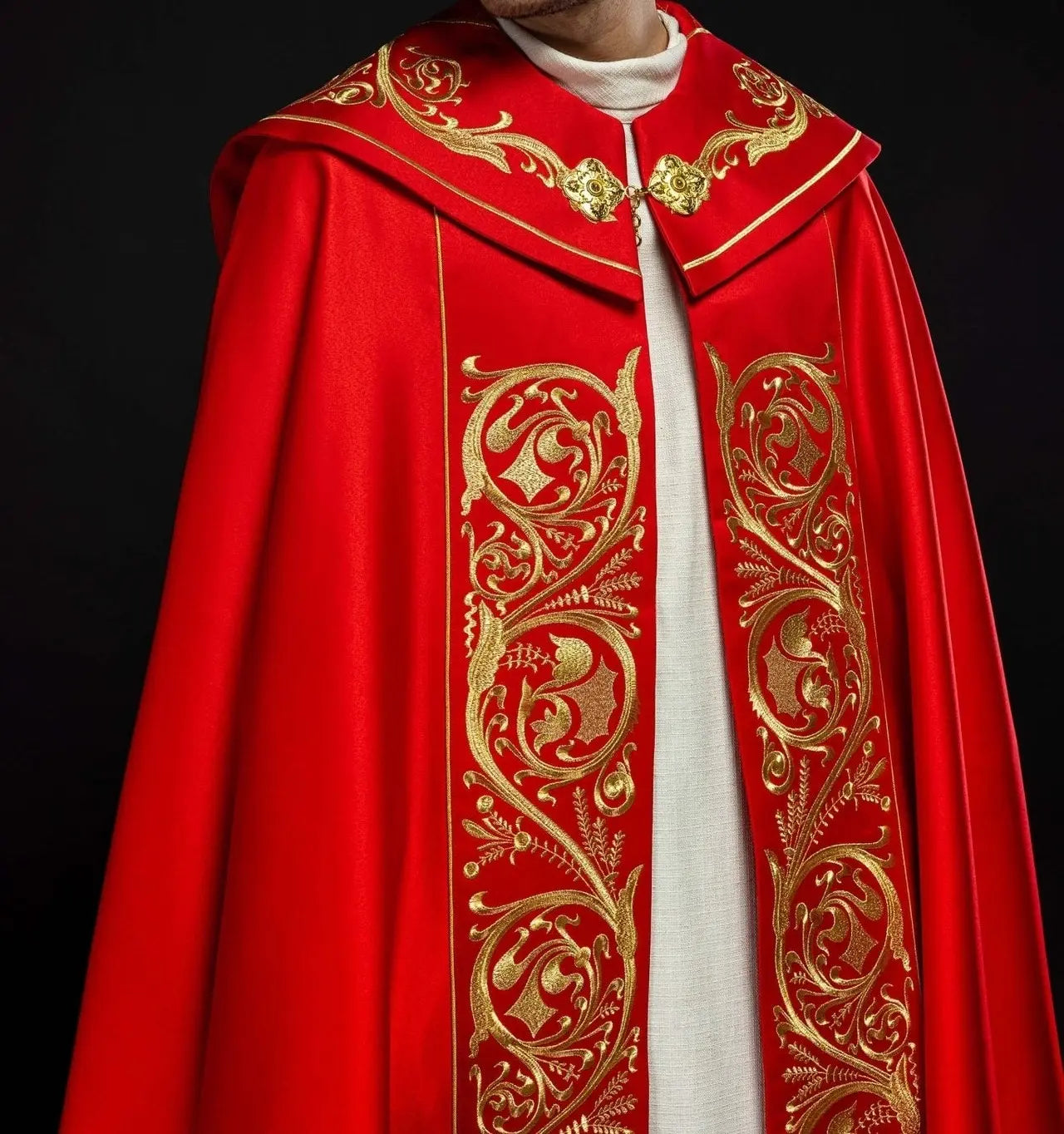 Liturgical cape richly embroidered IHS in red