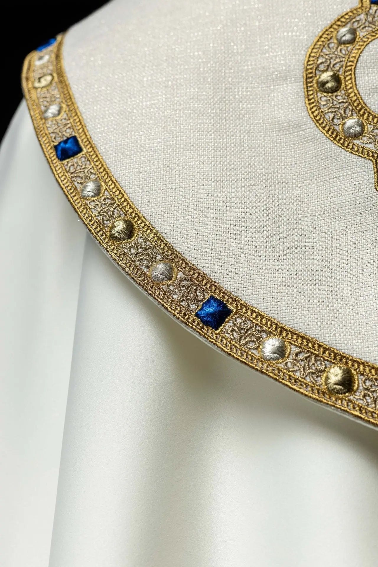 Liturgical Cope with Embroidered Marian Emblem – Ecru