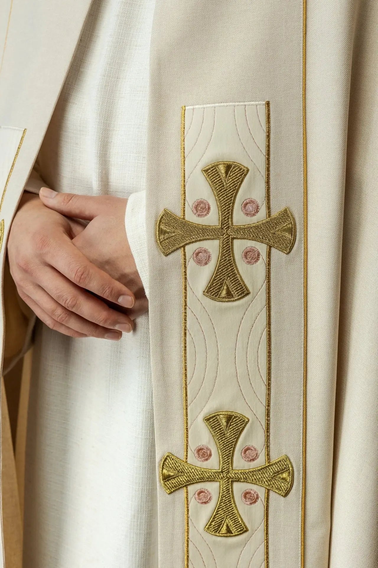 Elegant Ecru Liturgical Cope with Gold Embroidered Crosses and Velvet Collar