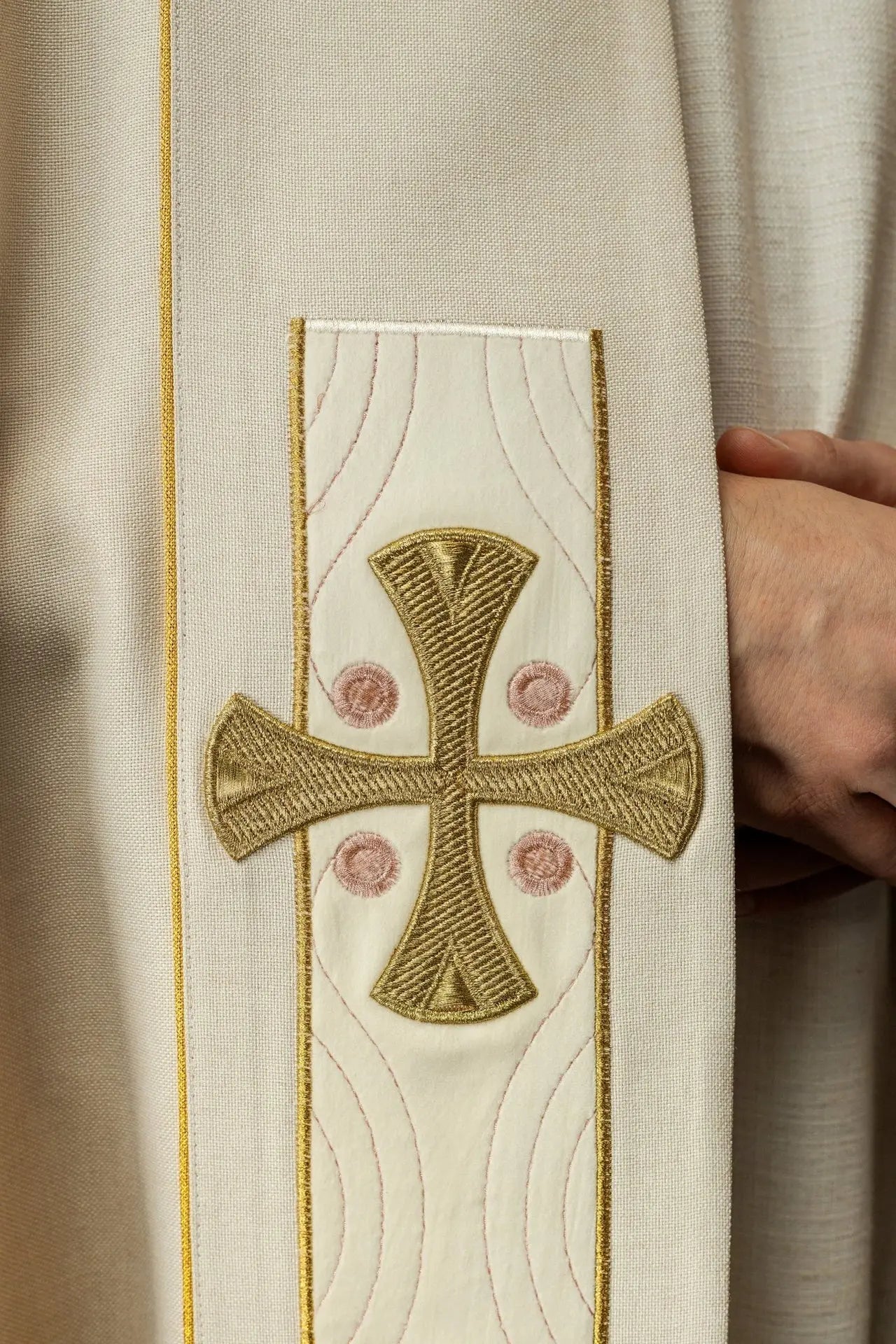 Elegant Ecru Liturgical Cope with Gold Embroidered Crosses and Velvet Collar