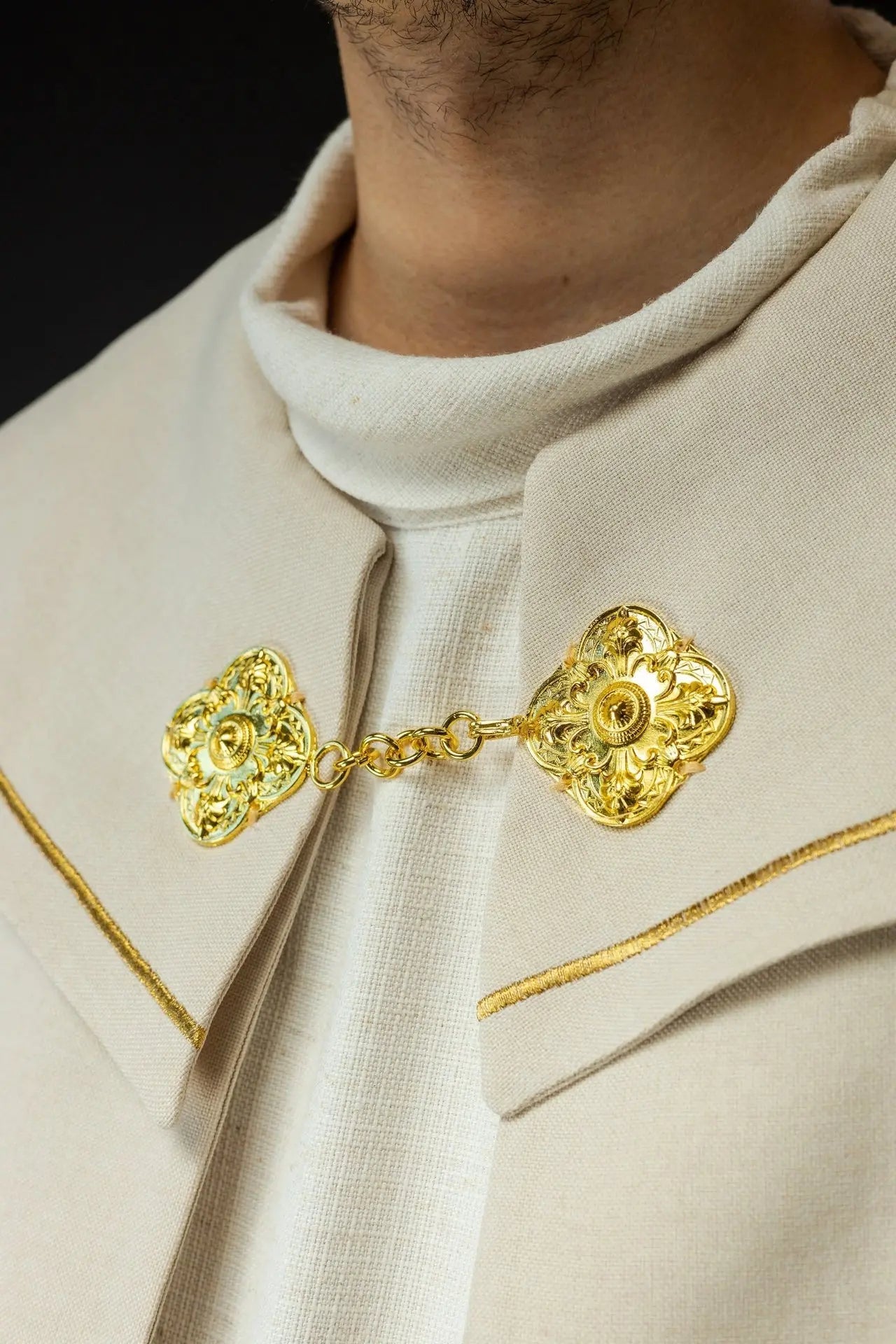 Elegant Ecru Liturgical Cope with Gold Embroidered Crosses and Velvet Collar