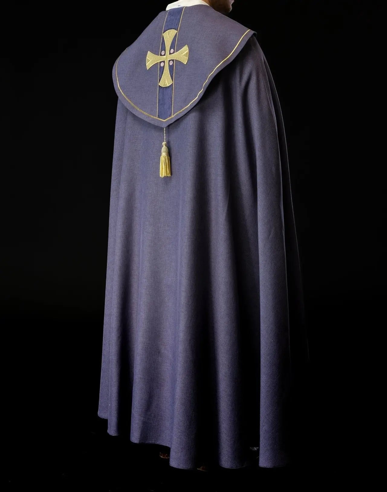 Liturgical Cope with Gold Embroidered Crosses and Purple Velvet Collar