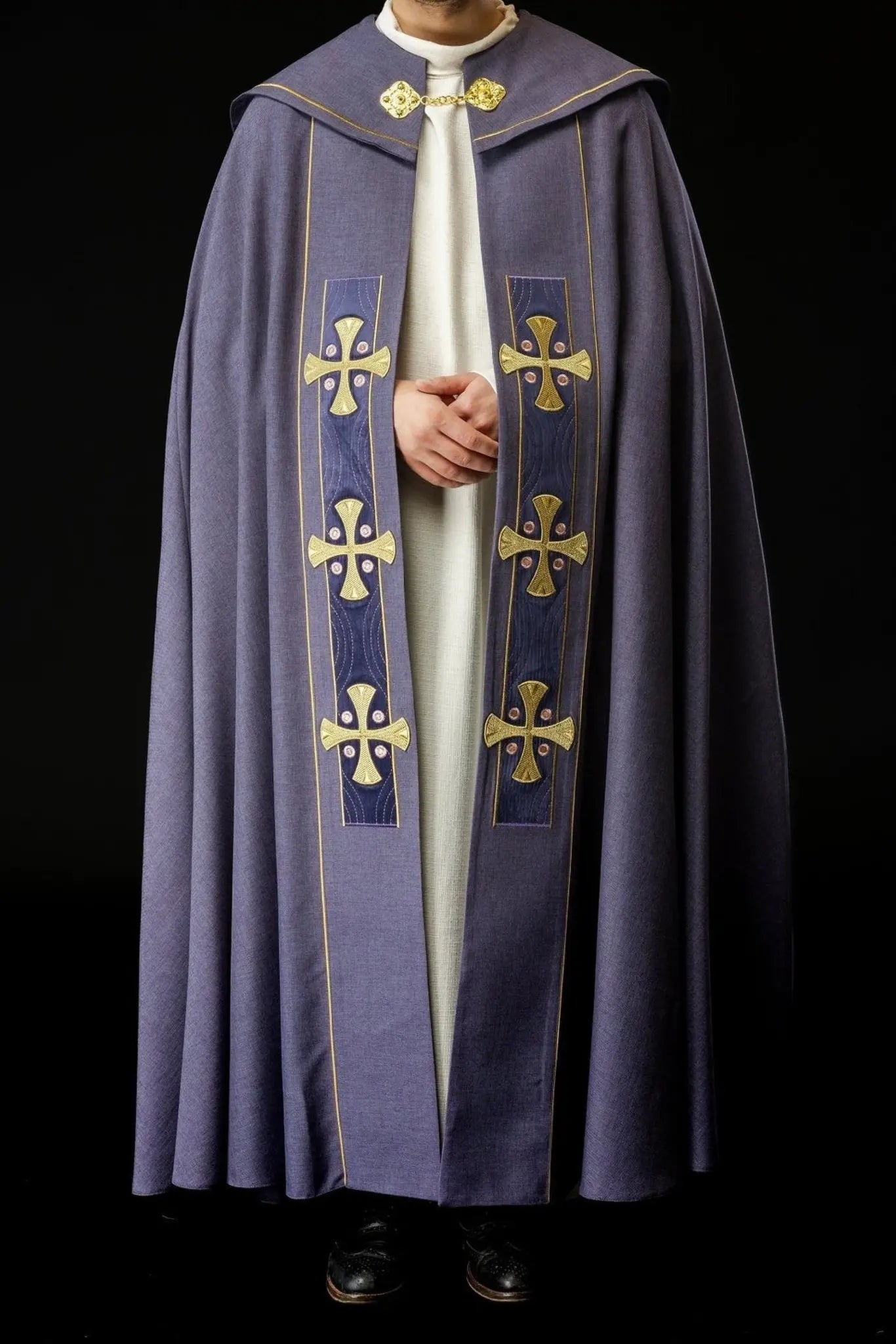 Liturgical Cope with Gold Embroidered Crosses and Purple Velvet Collar