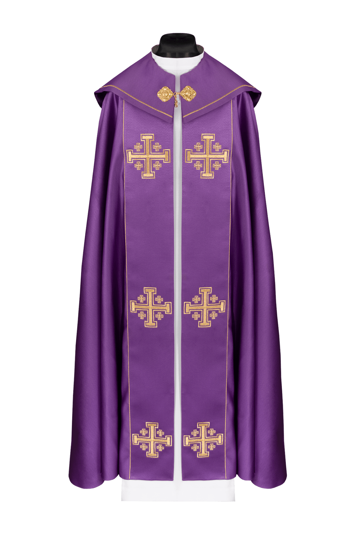 Fioletowa kapa liturgiczna na okres liturgiczny z pasem i haftem krzyży, widok z przodu