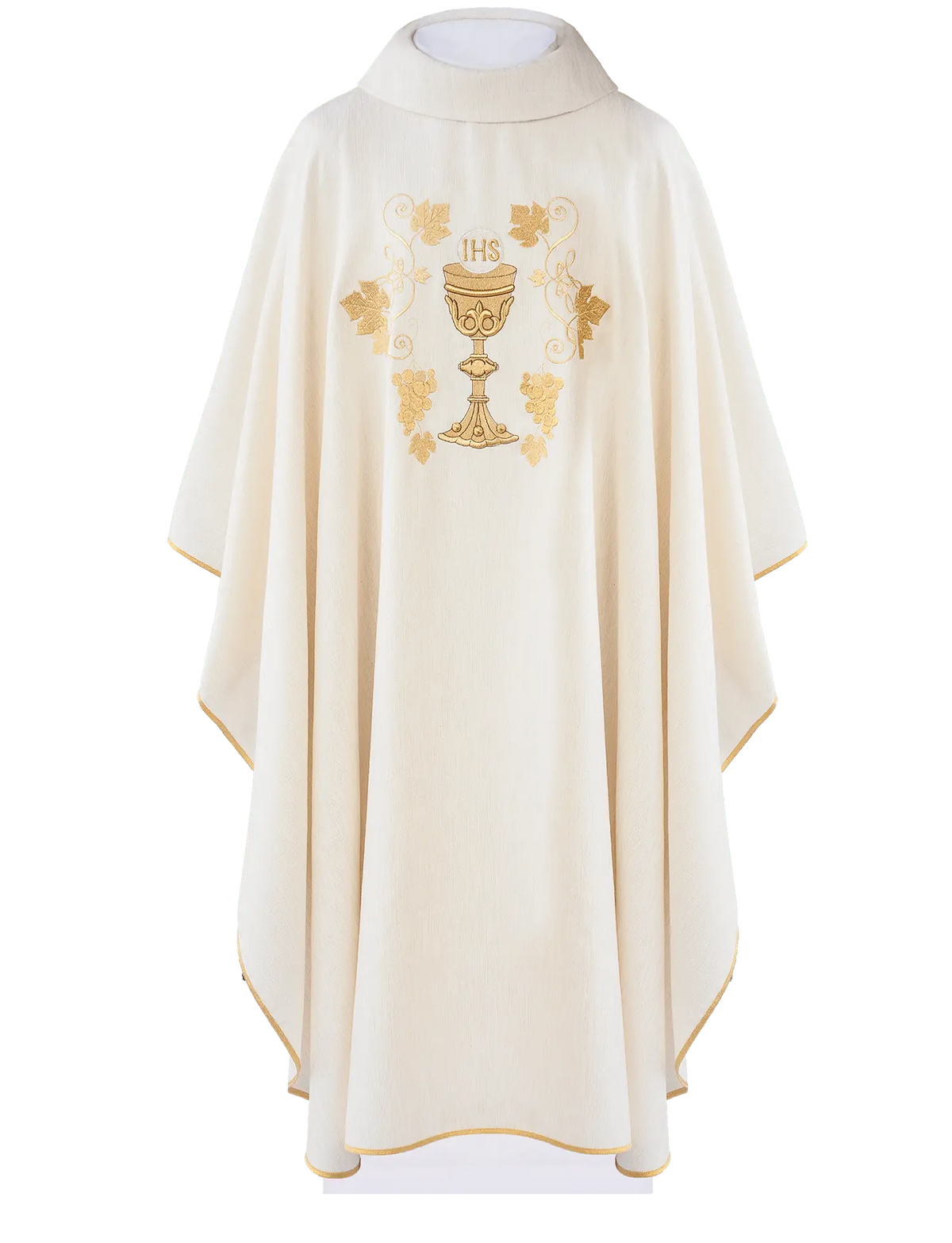 Ecru ornat na okres liturgiczny z haftowanym kielichem, symbolem IHS i winogronami, widok z przodu