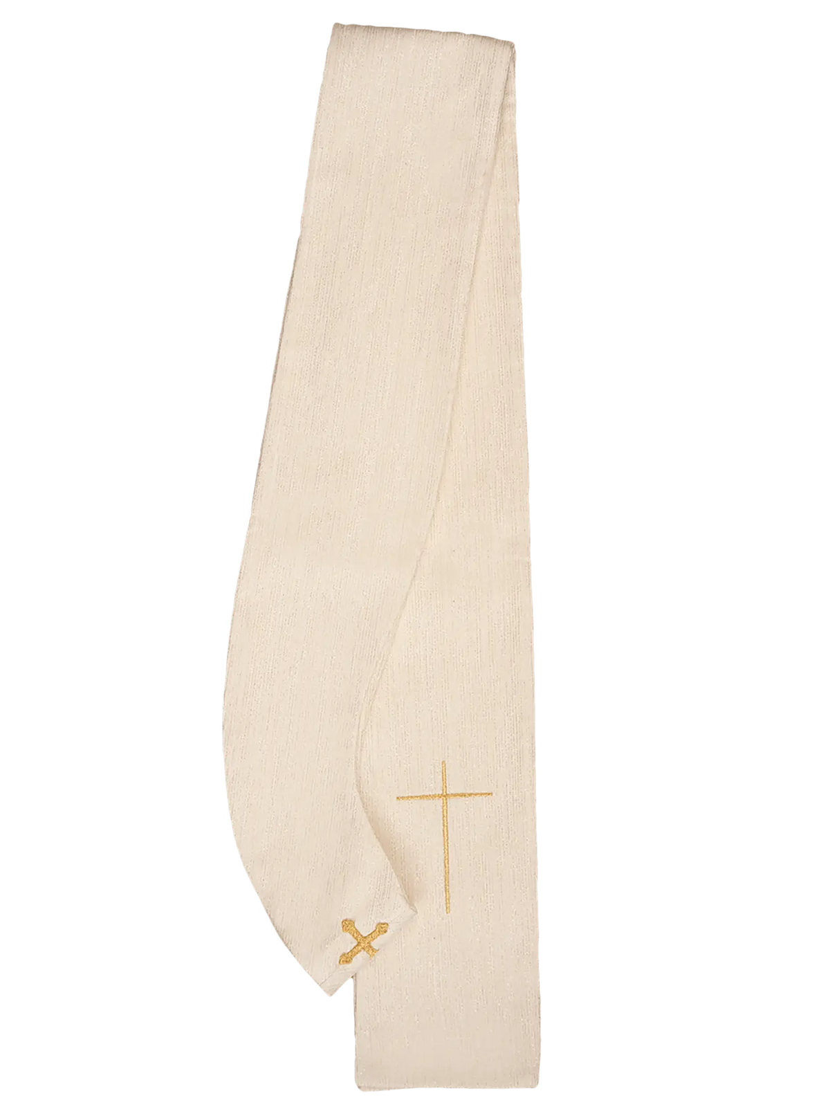 Ecru ornat z haftowanym krzyżem i symbolami eucharystycznymi, widok szczegółu