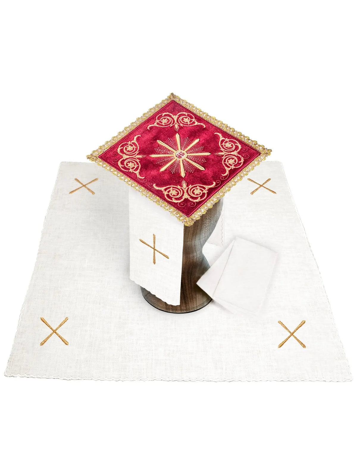 Biała bielizna kielichowa na uroczystą liturgię z motywem eucharystycznym, zestaw na kielich