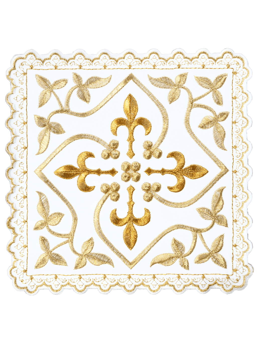 Komplet kielichowy z motywem krzyża z złotymi zdobieniami i haftowanym motywem florystycznym