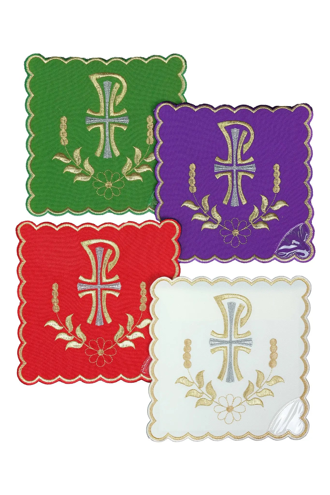 Set of four liturgical palls in green, purple, red, and white, each with a gold embroidered cross motif and scalloped edges.
