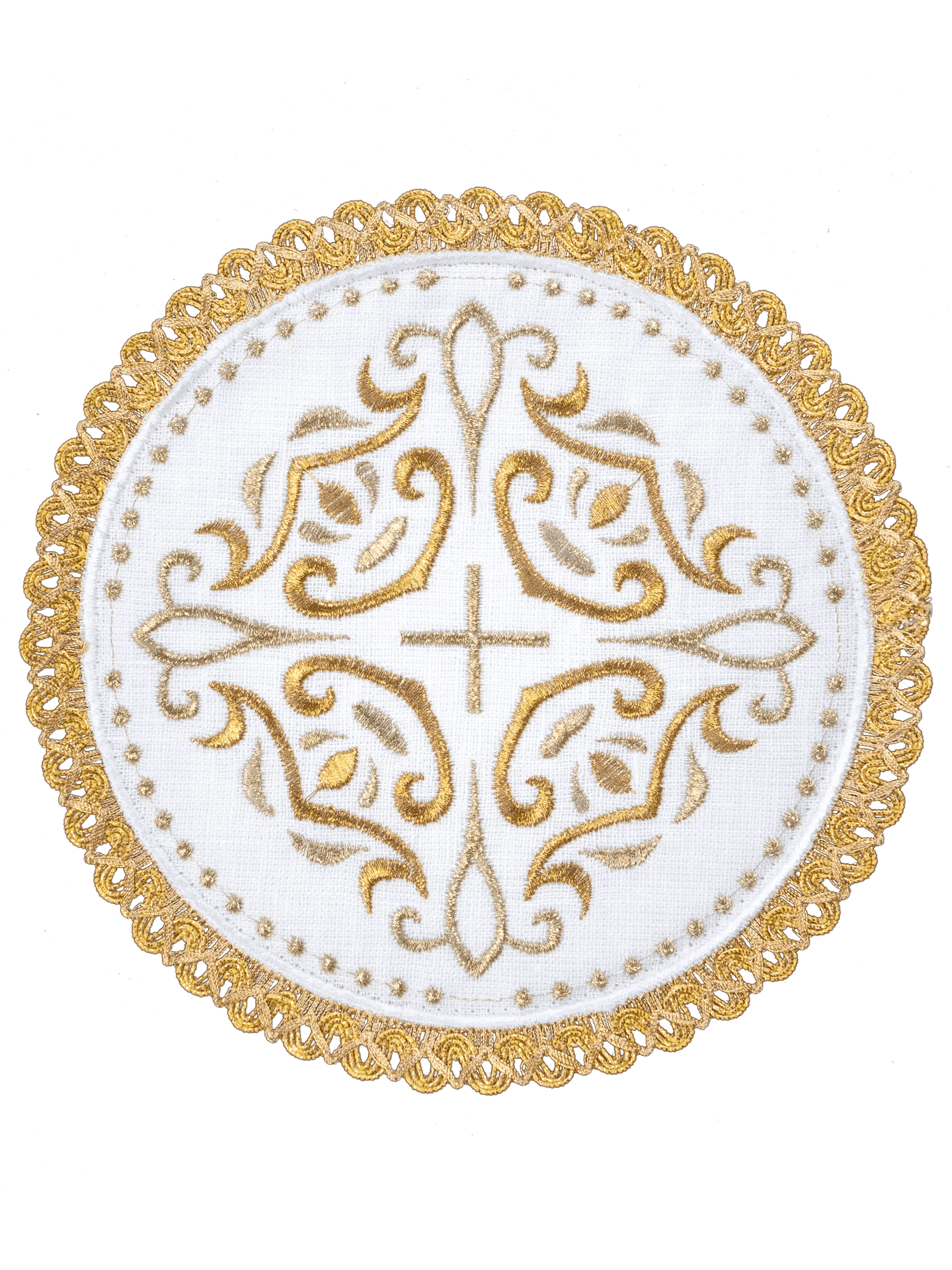 Linen cup set with a cross motif on a round palle surrounded by rich embroidery - HAFTINA ATELIER