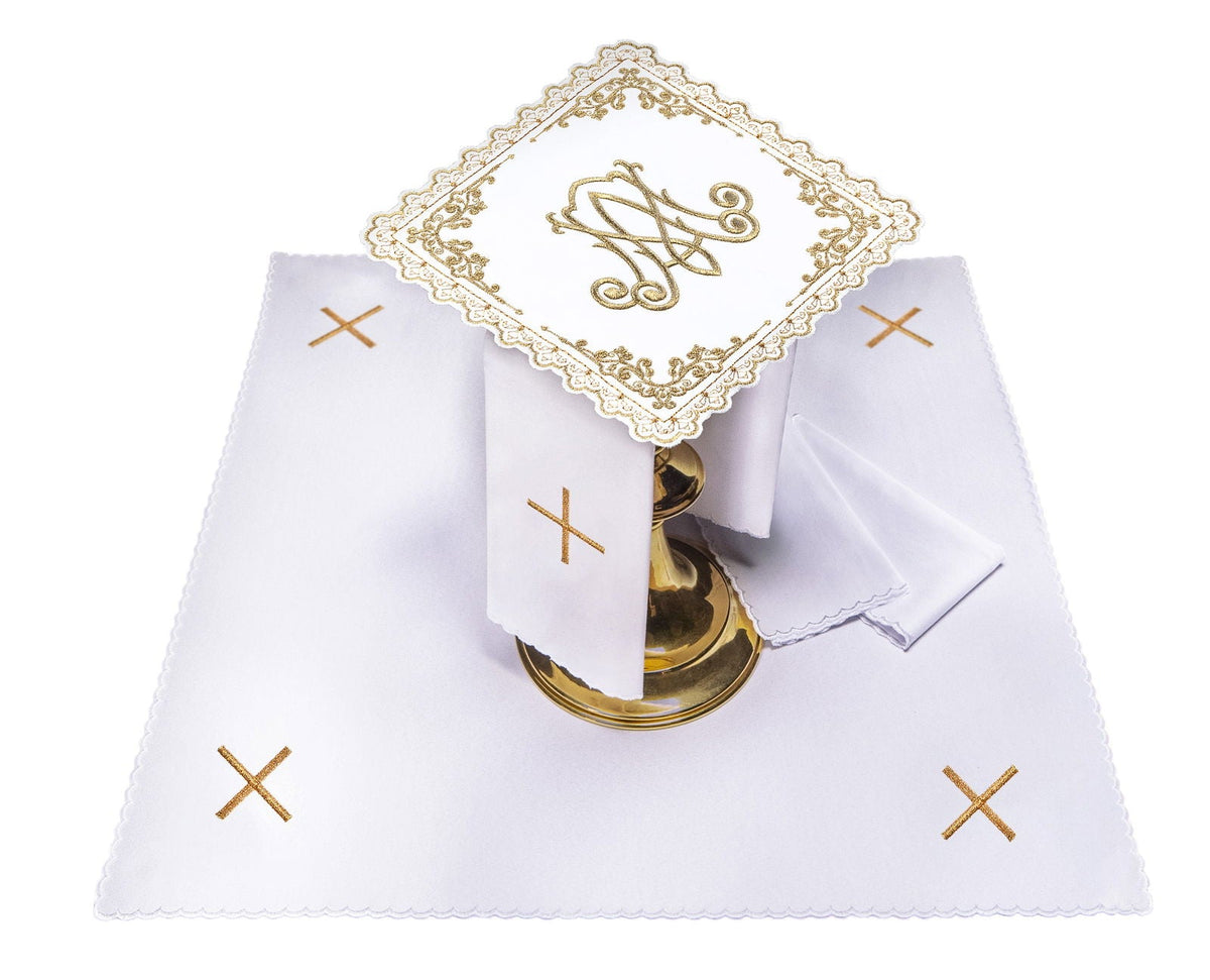 Liturgiczny komplet kielichowy z haftowanym motywem Maryjnym