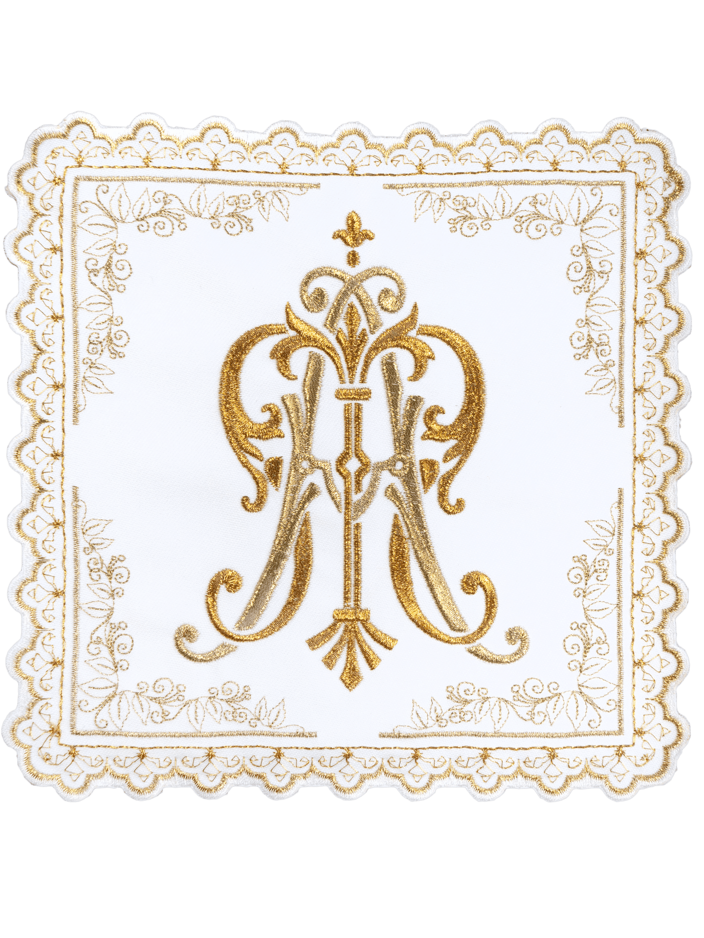 Liturgiczny komplet kielichowy z haftowanym złotym motywem Maryjnym