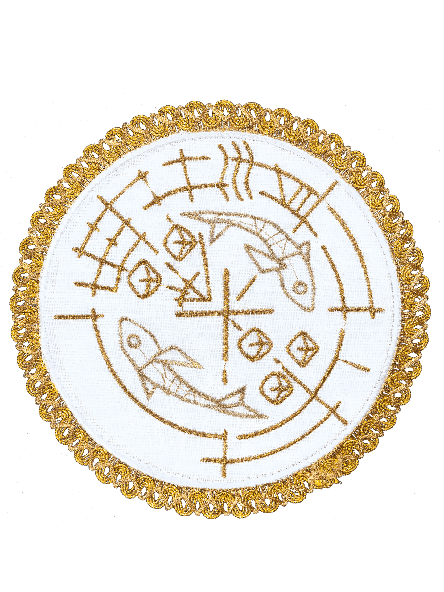 Lniany komplet kielichowy z motywem ryb, chleba i krzyża na okrągłej palce