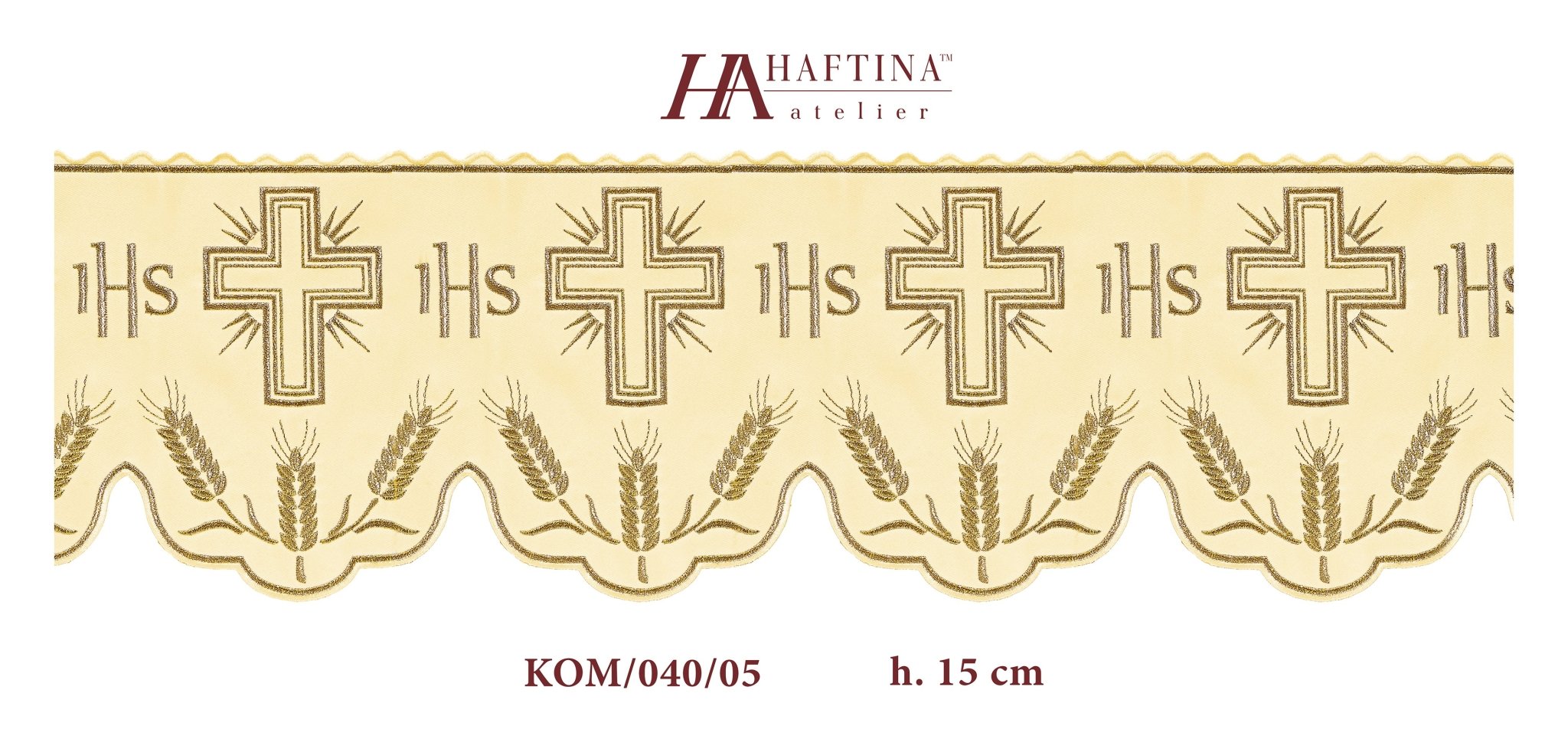 Metraż z monogramem IHS w kolorze ecru z motywem krzyża