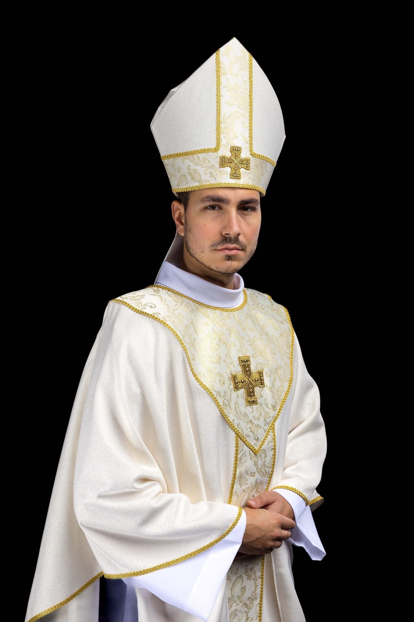 Ecru mitre with embroidered cross and decorative jacquard fabric