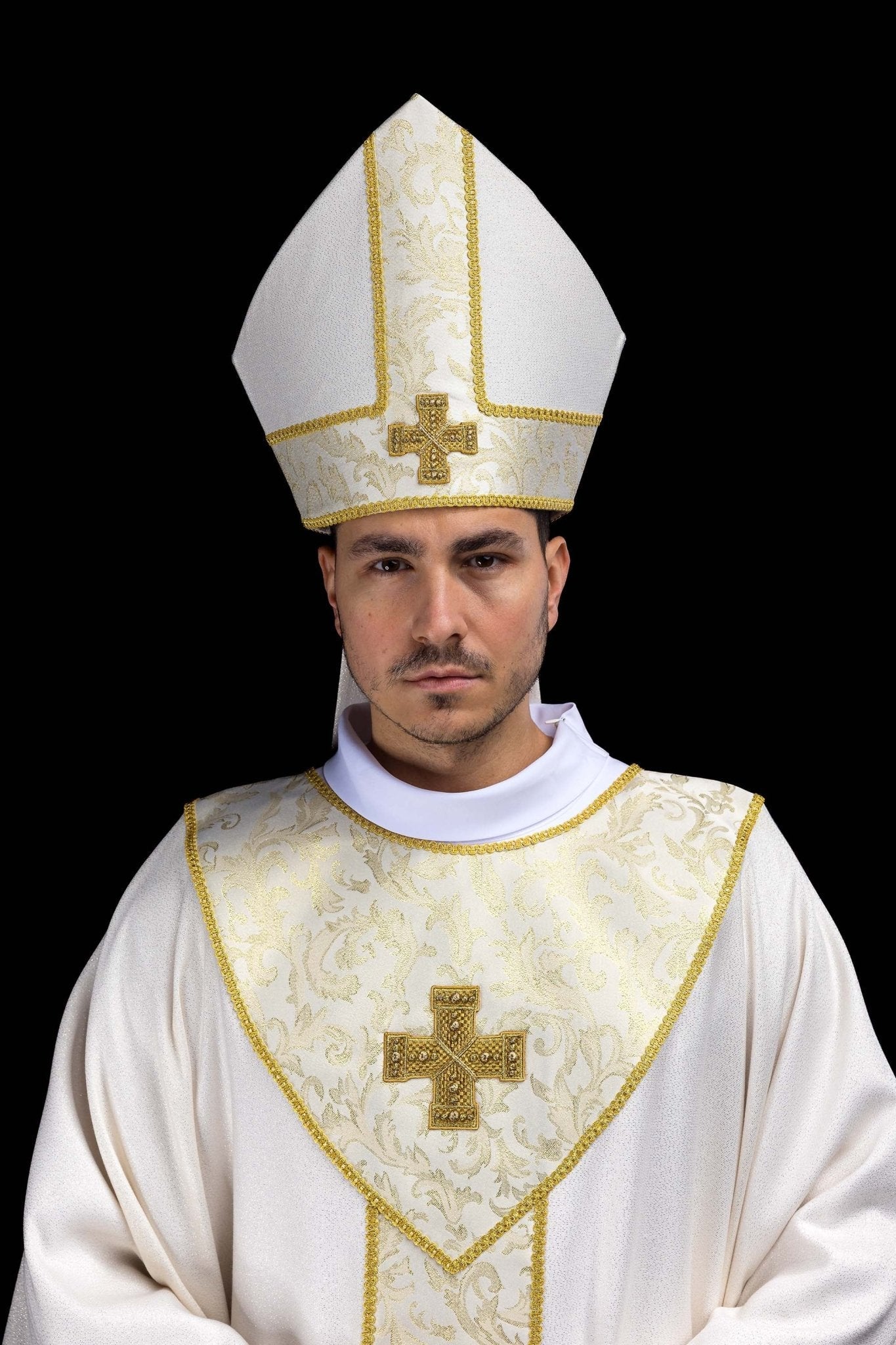 Ecru mitre with embroidered cross and decorative jacquard fabric