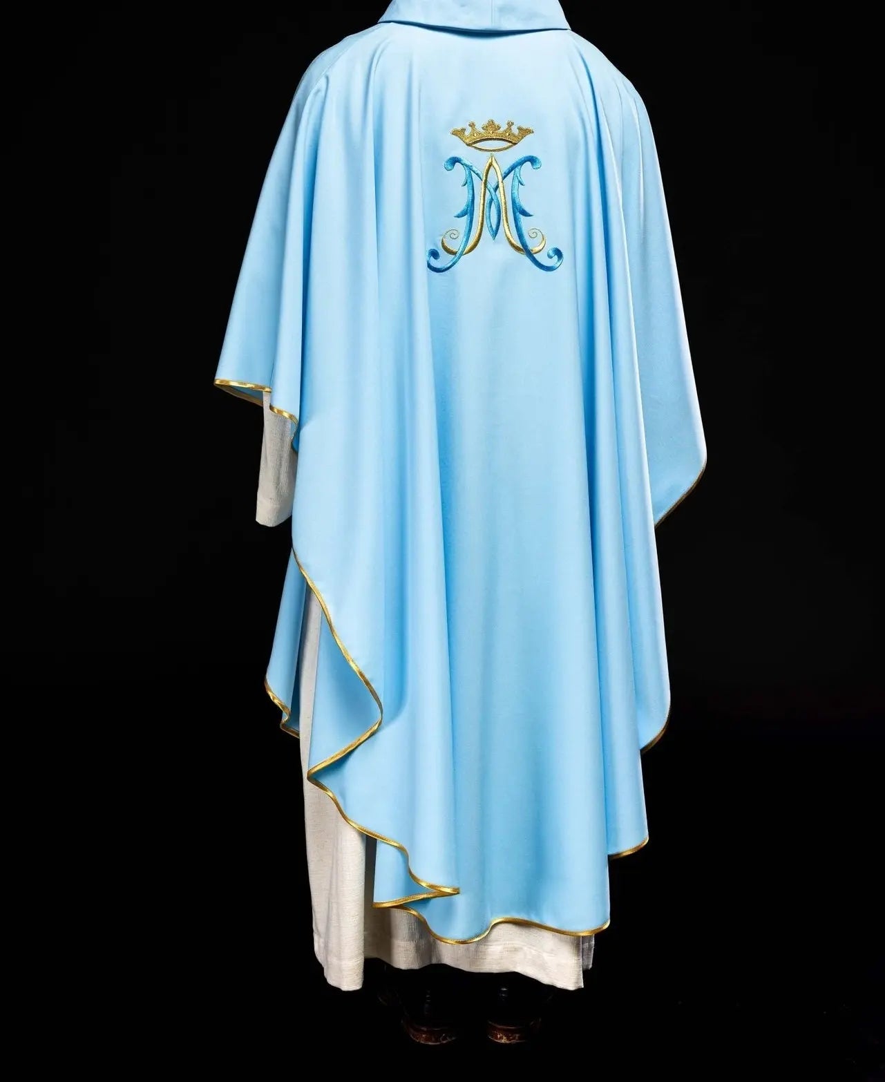 Blue chasuble embroidered with Marian motif