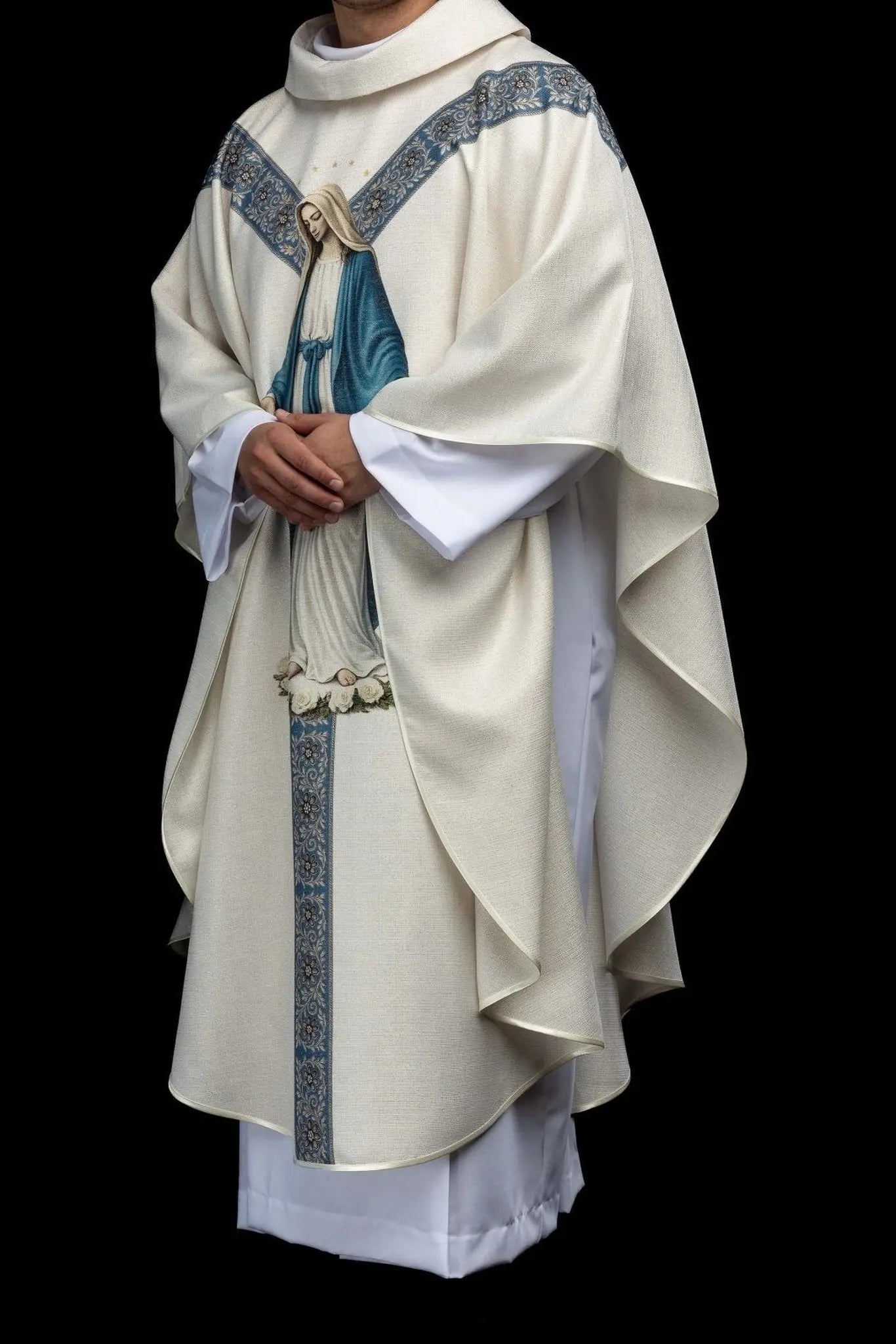 Ecru chasuble with printed image of the Immaculate Conception, Marian vestment