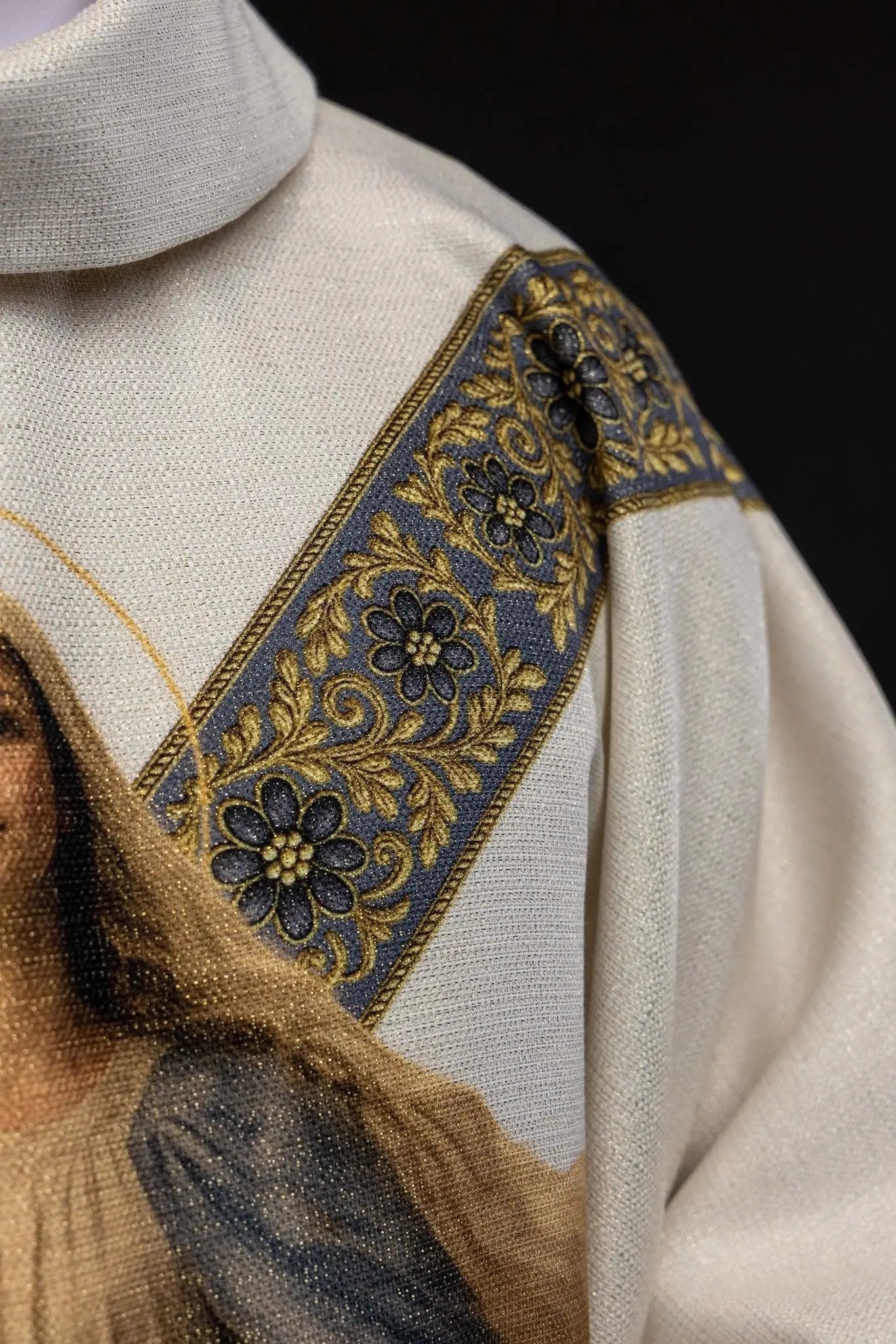 Ecru chasuble with printed image of Our Lady of the Assumption