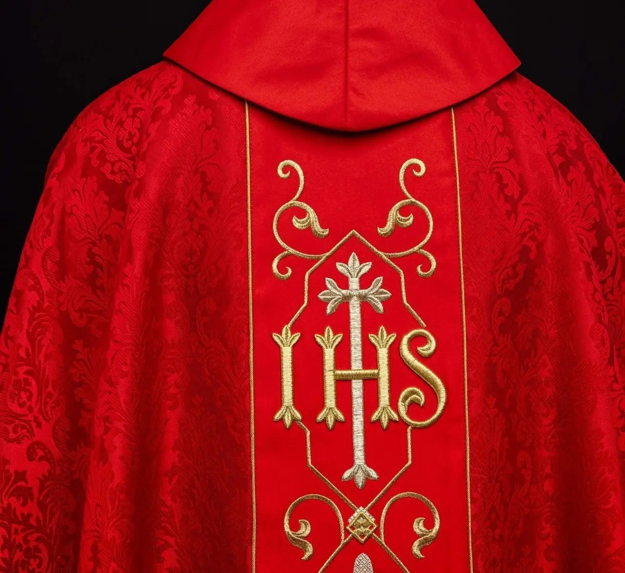 IHS Embroidered Chasuble Red with Decorated Fabric
