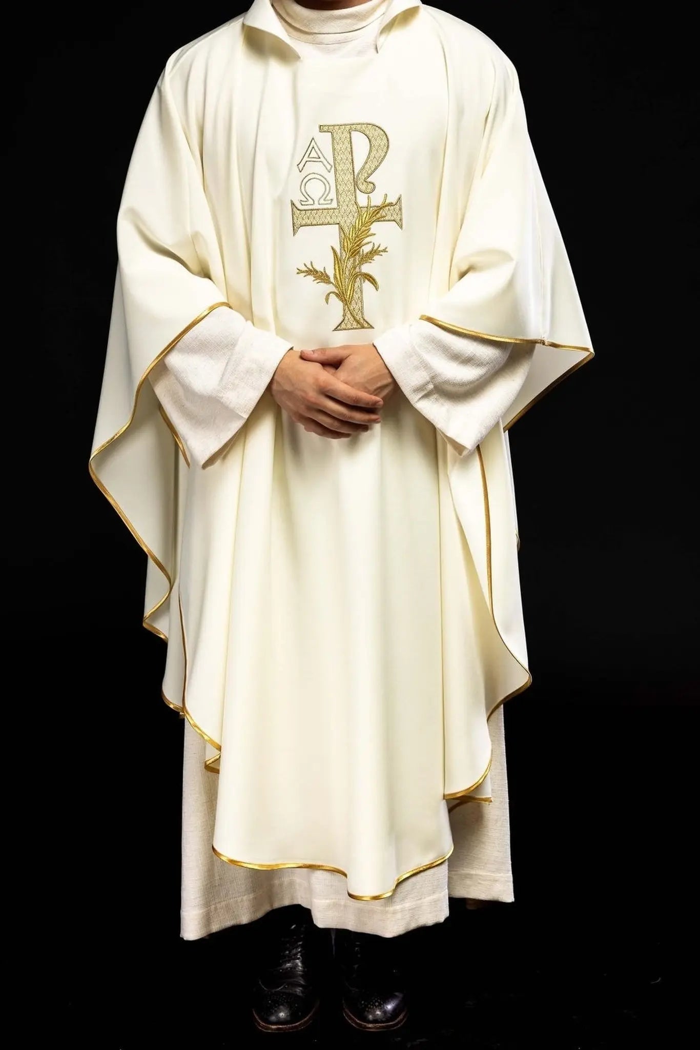 Embroidered Chasuble with Alpha and Omega Symbol and Wide Collar – Ecru