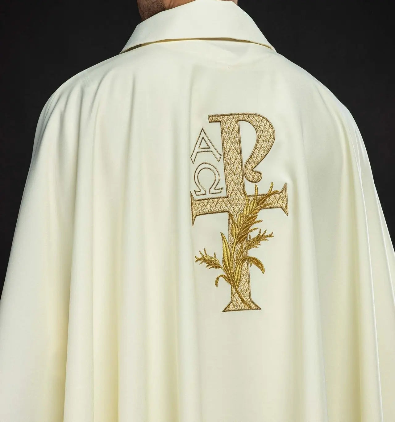 Embroidered Chasuble with Alpha and Omega Symbol and Wide Collar – Ecru