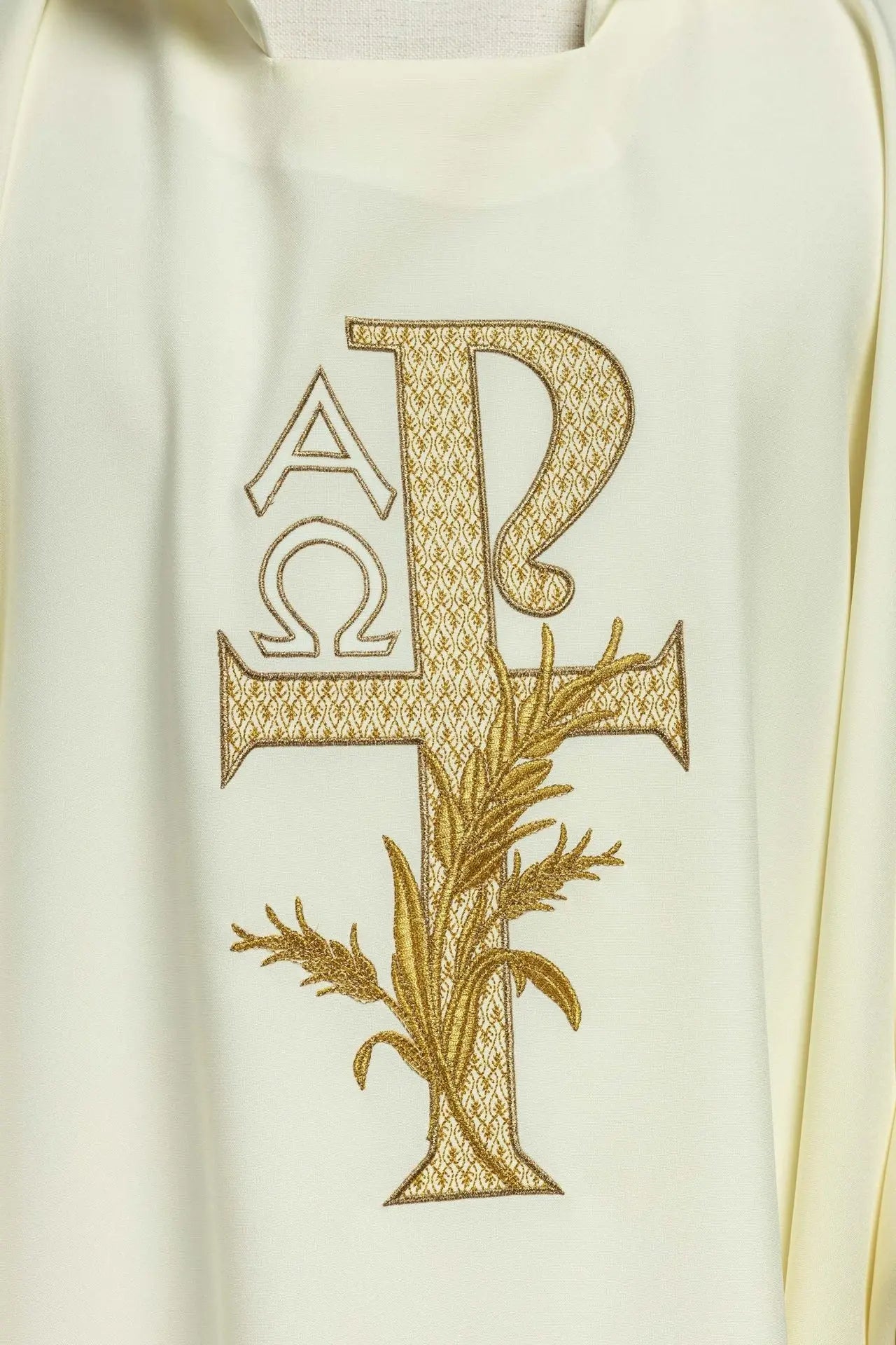 Embroidered Chasuble with Alpha and Omega Symbol and Wide Collar – Ecru