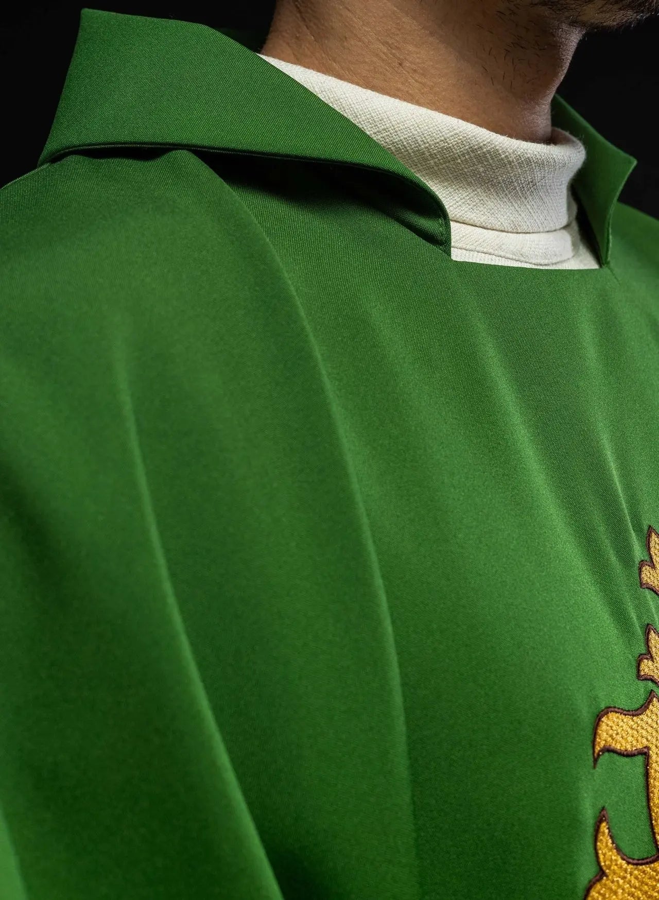 Green Embroidered Chasuble with JHS Symbol and Wide Collar