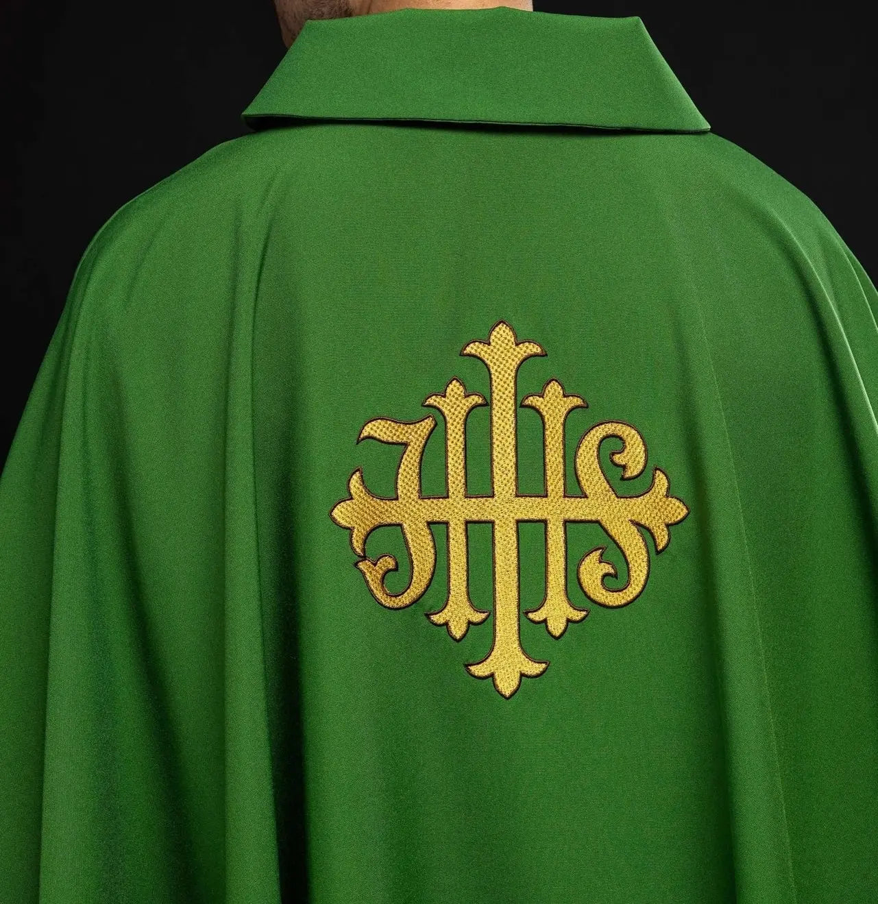 Green Embroidered Chasuble with JHS Symbol and Wide Collar