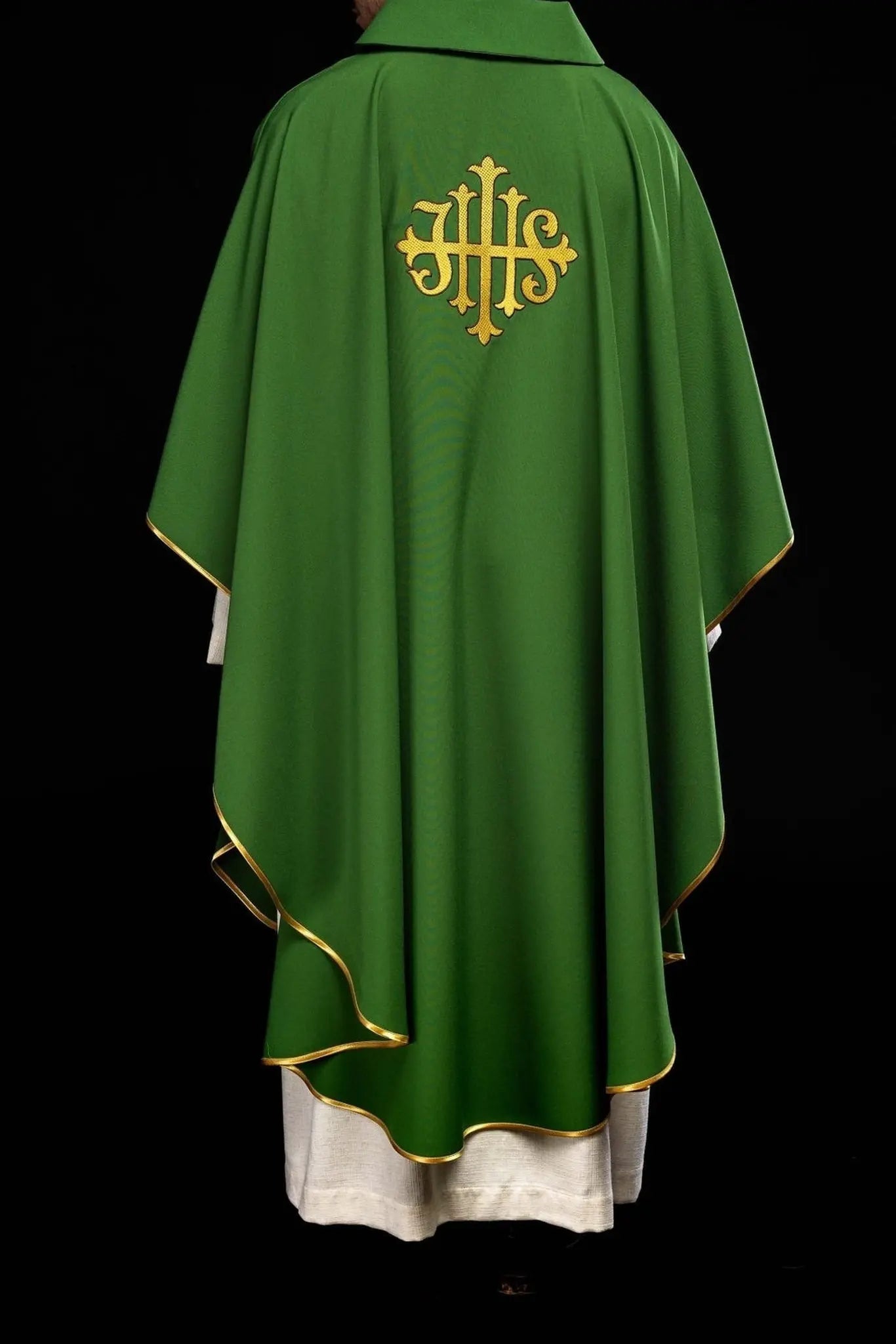 Green Embroidered Chasuble with JHS Symbol and Wide Collar