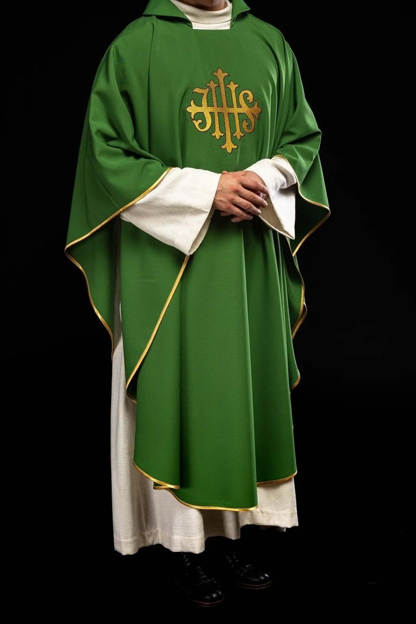 Green Embroidered Chasuble with JHS Symbol and Wide Collar