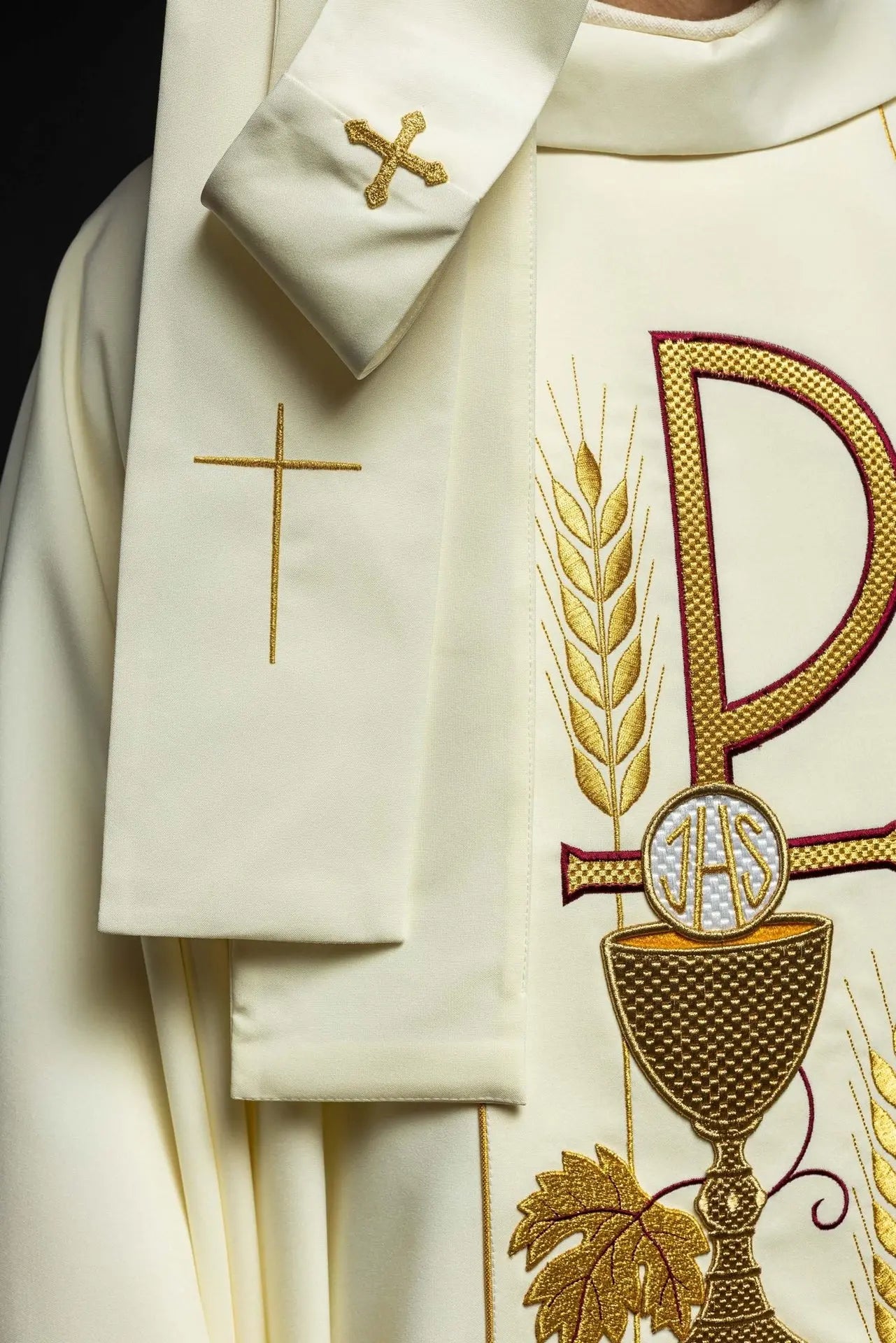Embroidered chasuble with IHS chalice design in ecru