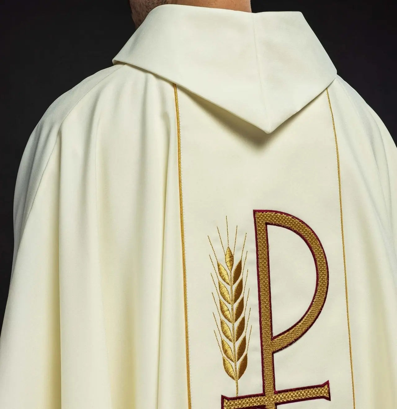 Embroidered chasuble with IHS chalice design in ecru