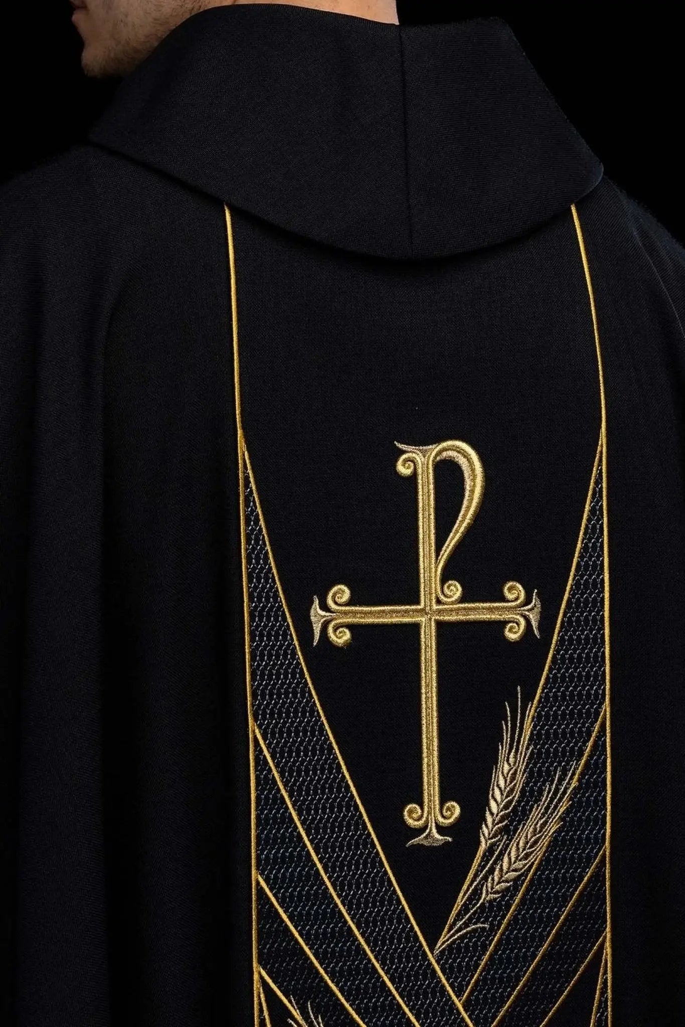 Black chasuble with embroidered PAX band and wheat motif