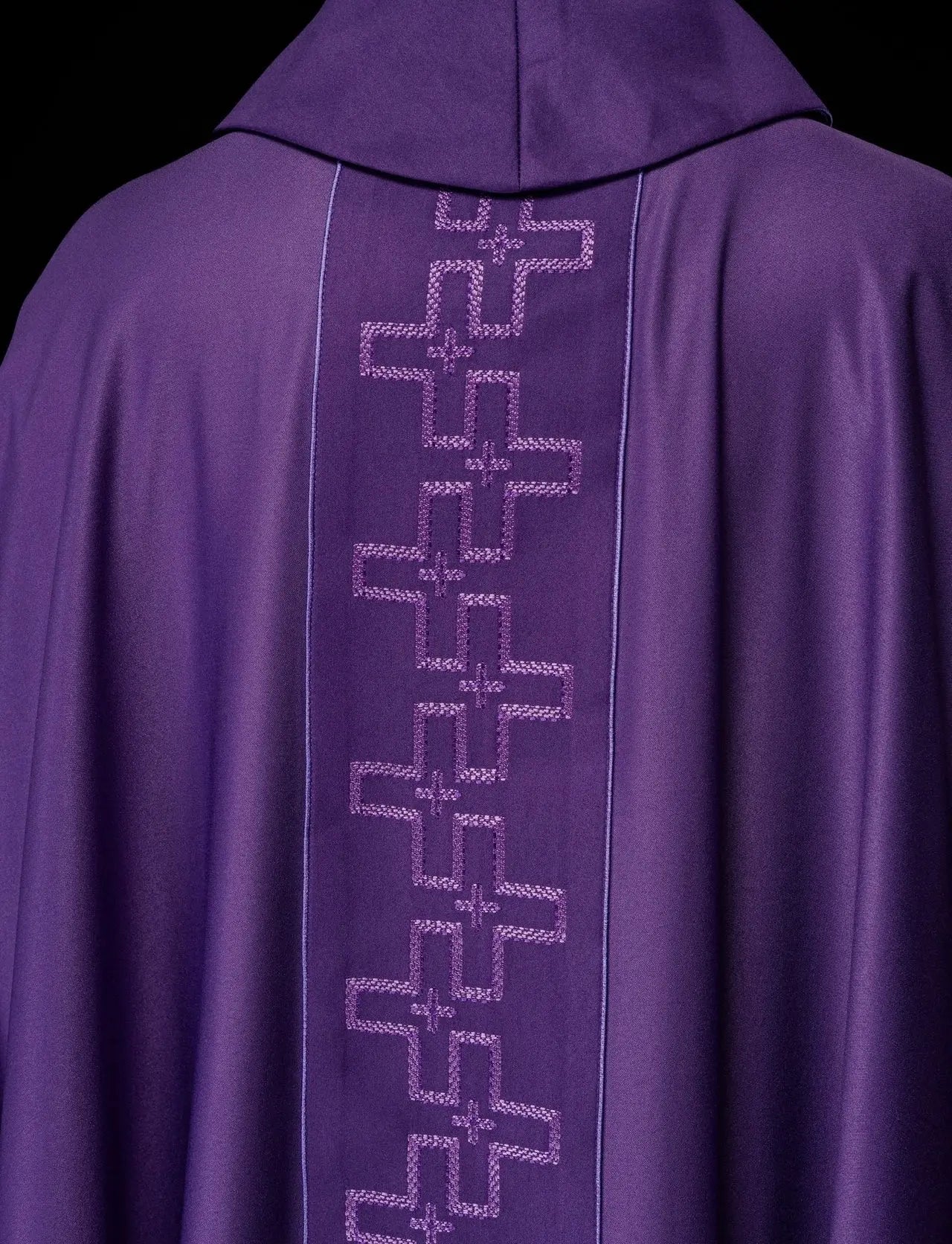 Chasuble with richly embroidered belt in cross embroidery in purple color