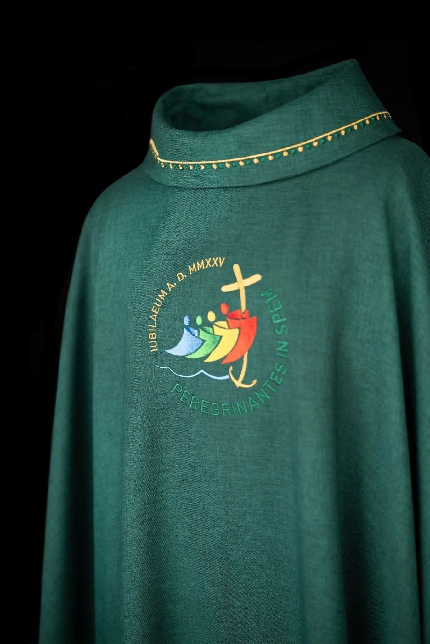 Green chasuble with JUBILEE ROME 2025 embroidery and collar trim