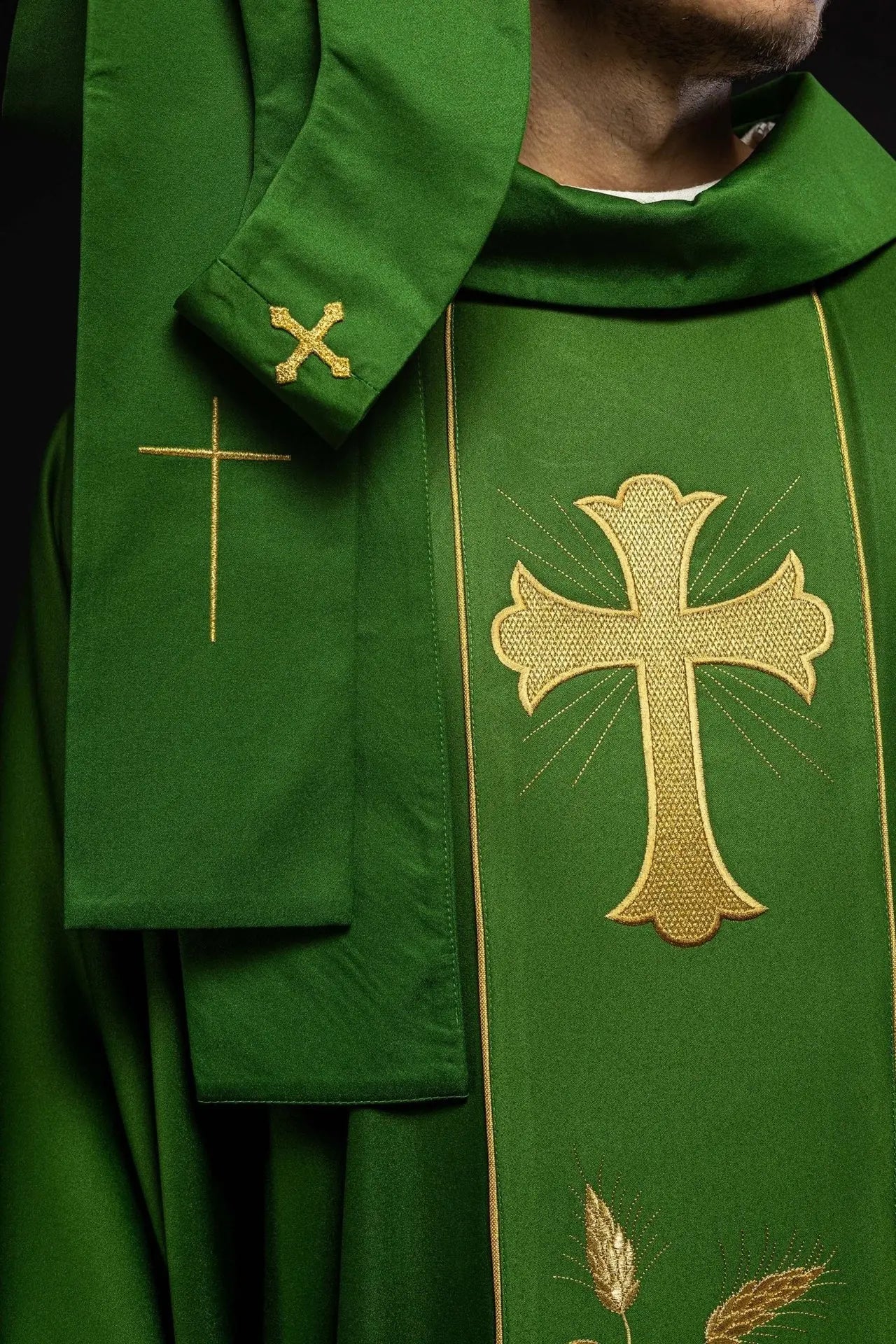 Green Chasuble with Embroidered Cross and Wheat Motif