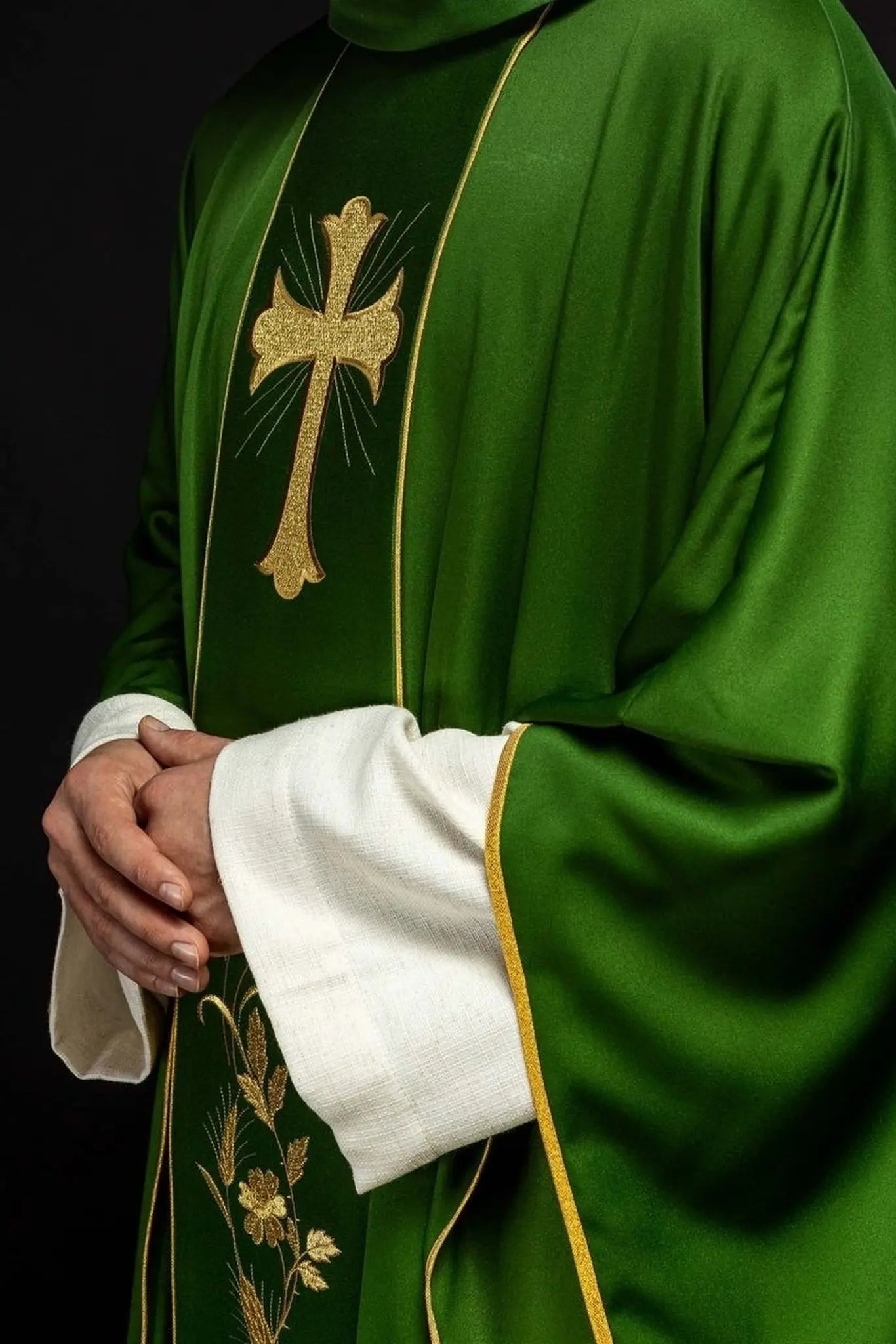 Green Chasuble with Embroidered Cross and Wheat Motif