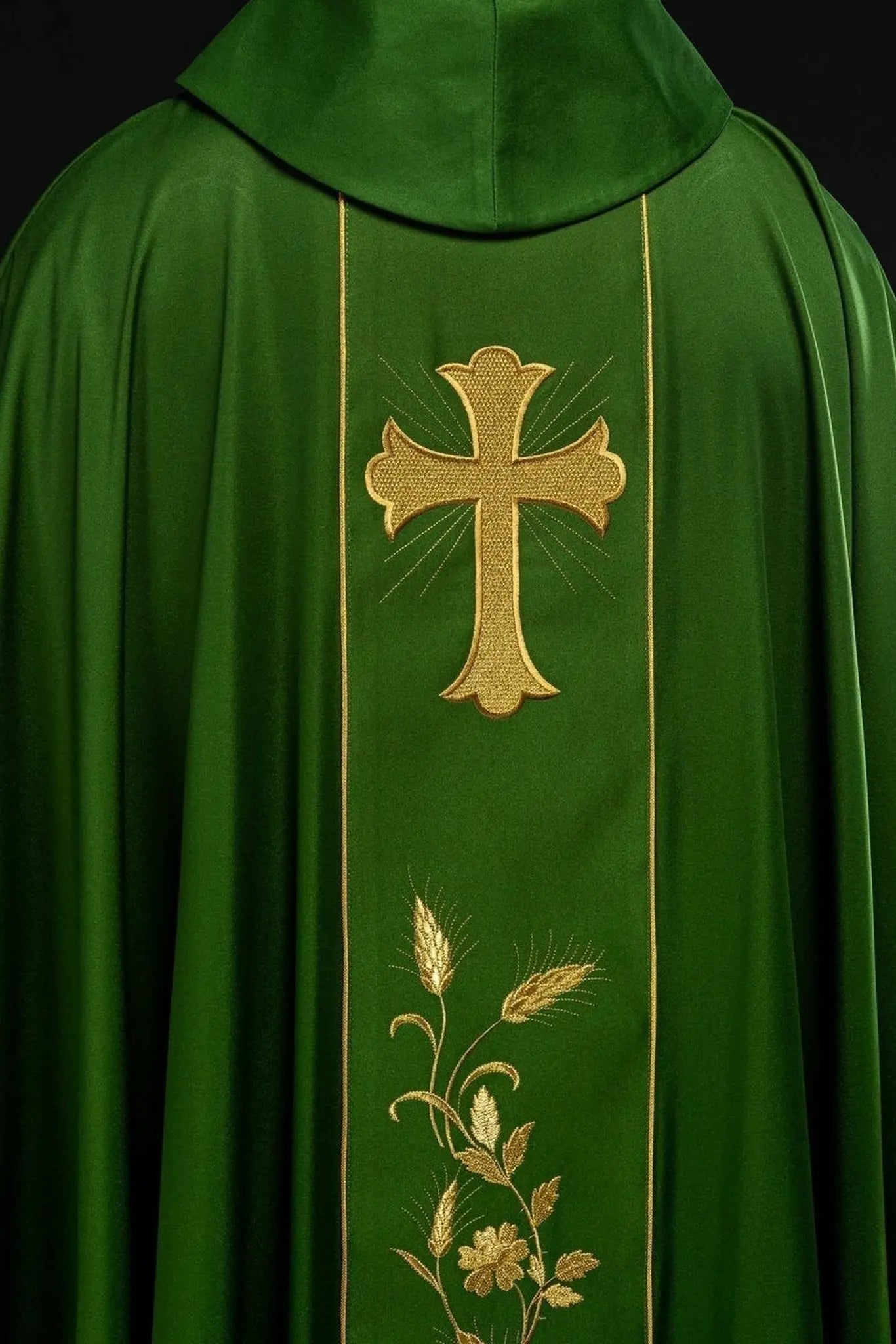 Green Chasuble with Embroidered Cross and Wheat Motif