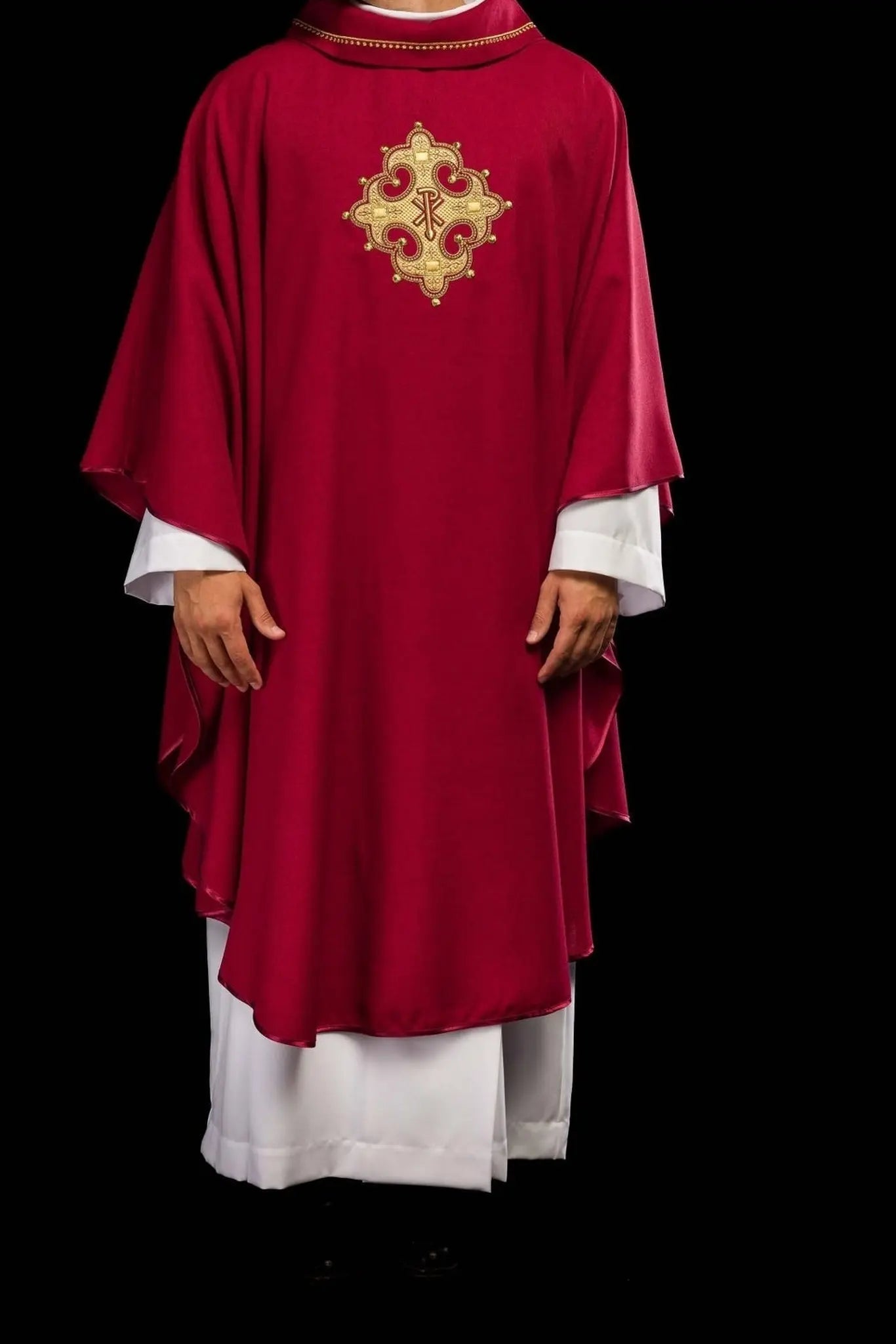 Chasuble with embroidered cross and gold trim on collar in red