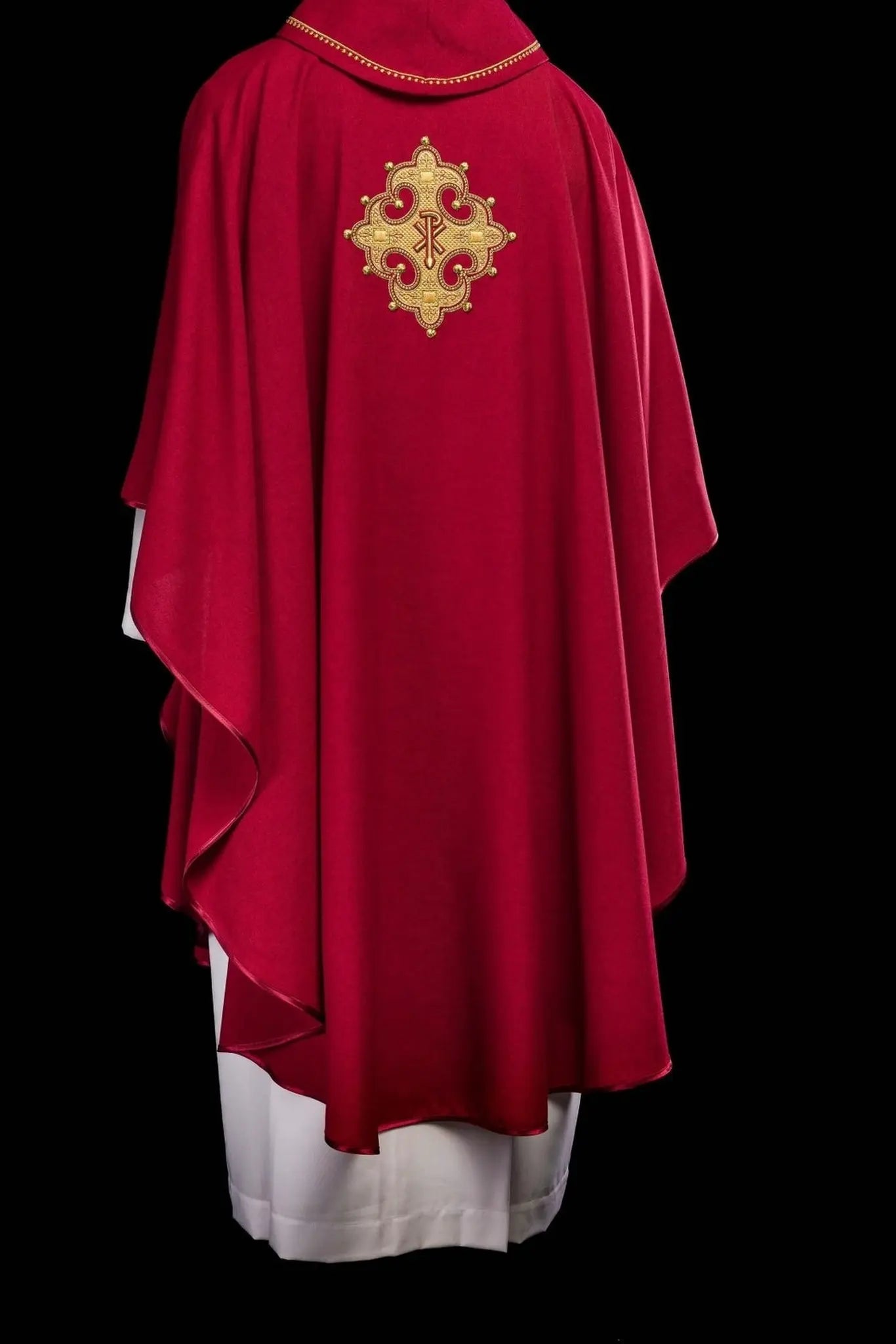 Chasuble with embroidered cross and gold trim on collar in red