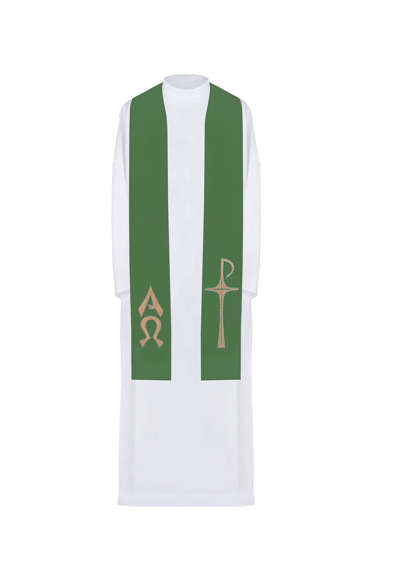 Priest's stole embroidered with Alpha and Omega motif in green - HAFTINA ATELIER
