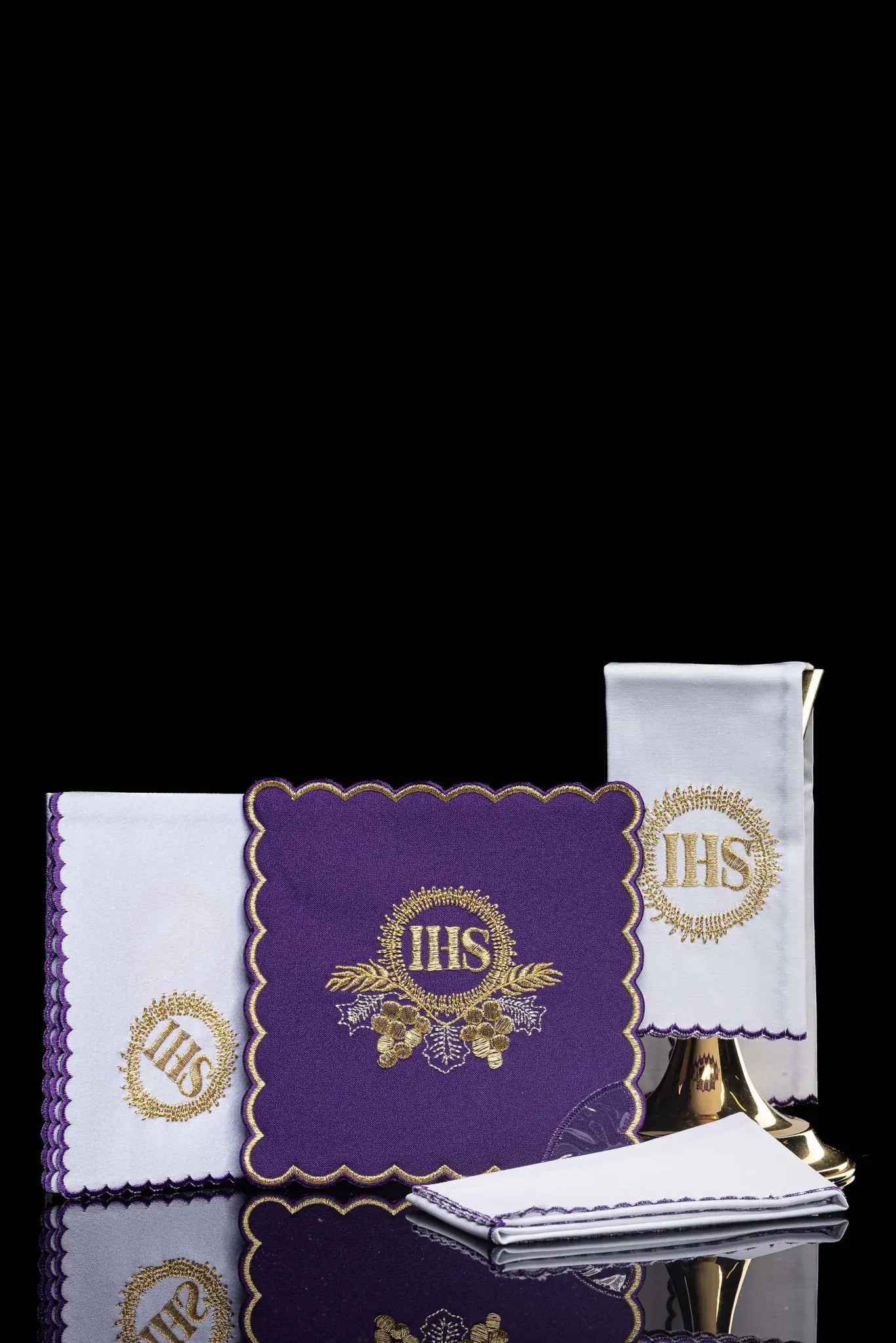 Purple Chalice Linen Set with Gold IHS Embroidery - HAFTINA ATELIER
