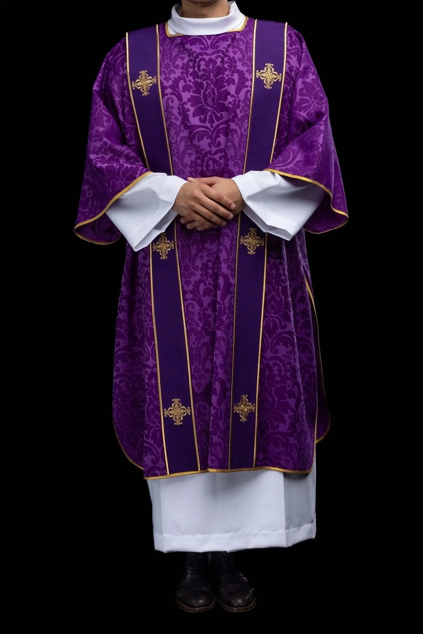 Purple Jacquard Dalmatic with Gold Cross Embroidery - HAFTINA ATELIER