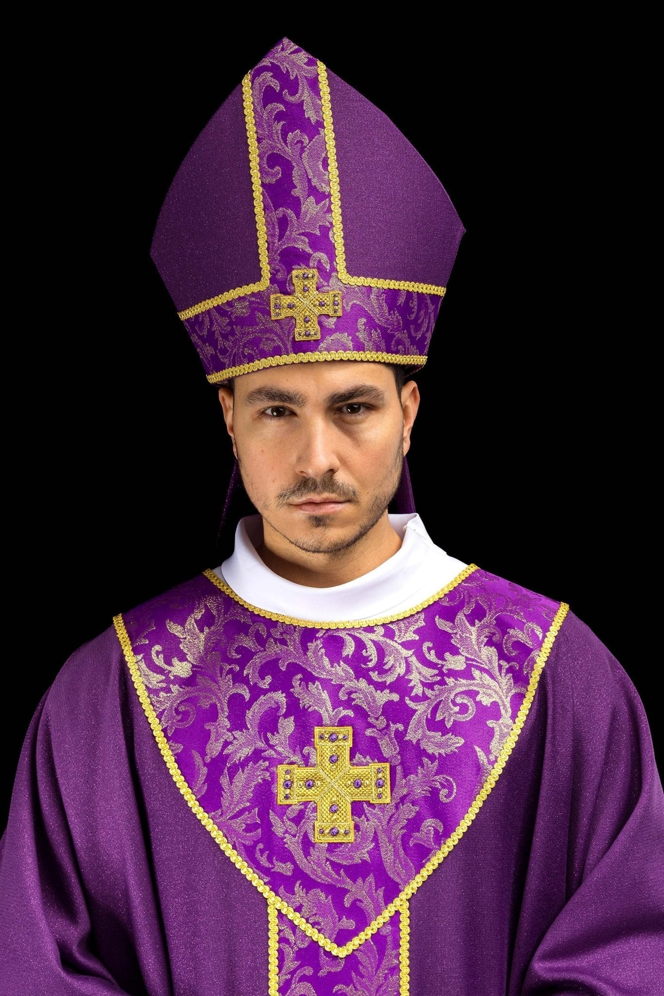 Purple mitre with embroidered cross and jacquard fabric - HAFTINA ATELIER