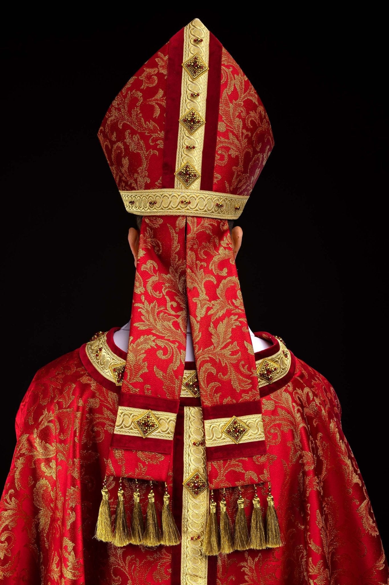 Red Handmade Bishop's Mitre with Natural Stones and Gold Embroidery