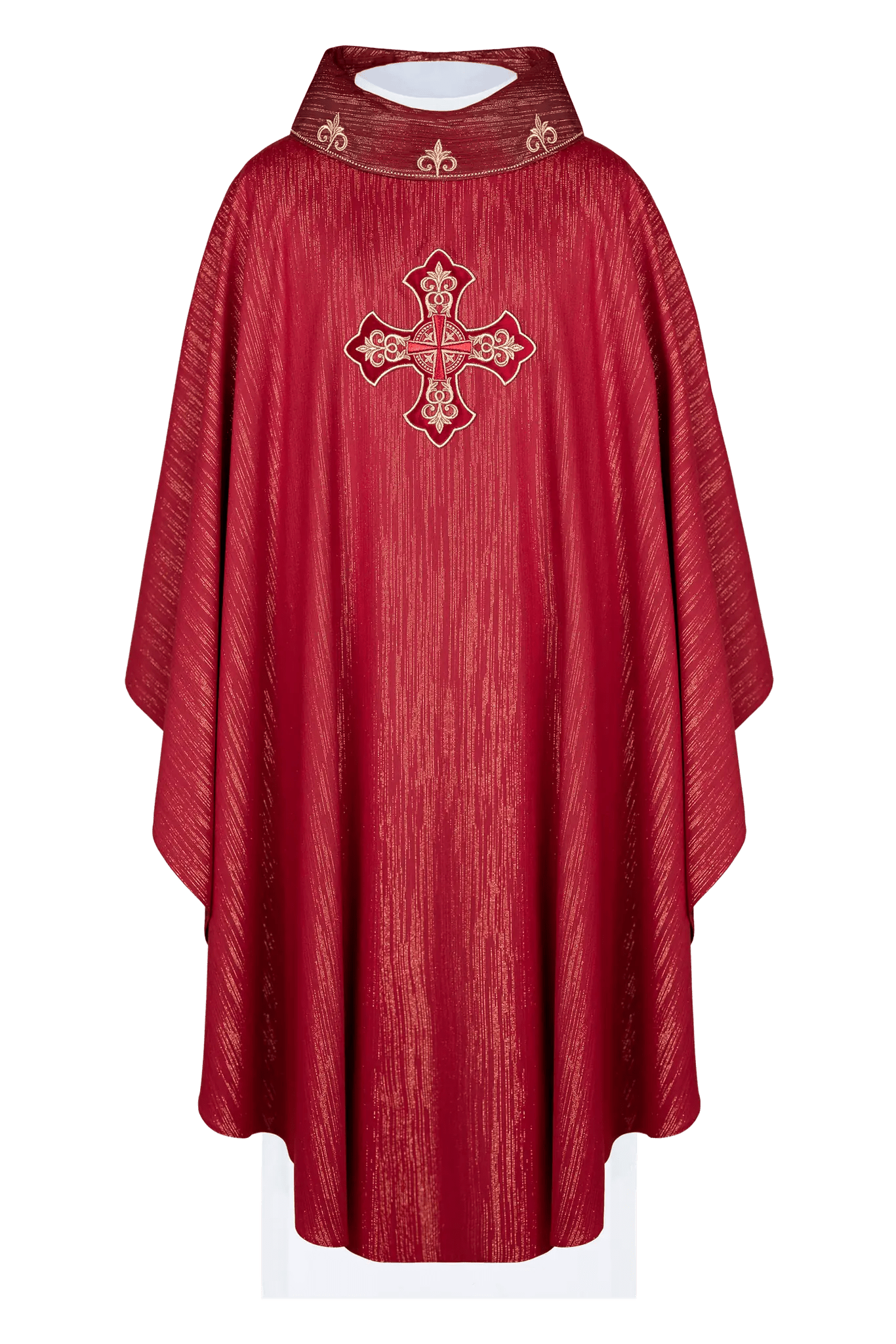 Red chasuble with richly embroidered cross and decorated collar - HAFTINA ATELIER