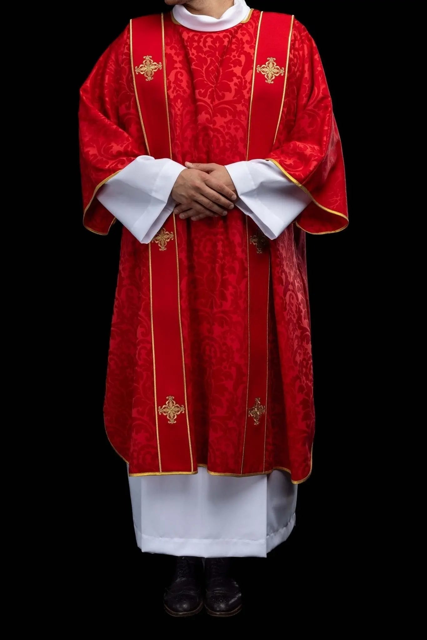 Red Jacquard Dalmatic with Gold Cross Embroidery - HAFTINA ATELIER