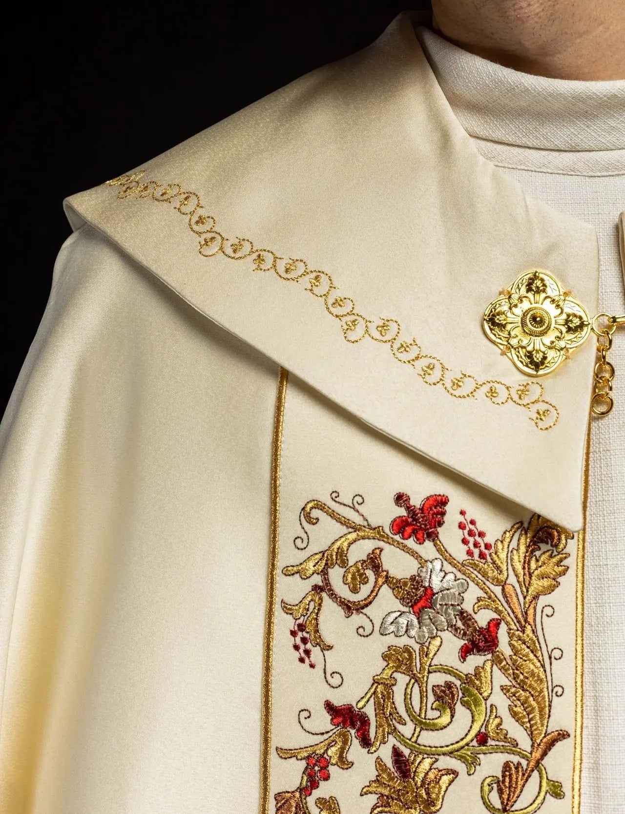Ecru satin liturgical chapel with embroidered gold IHS